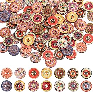 100 PCS Mixed Pattern Vintage Wooden Buttons, Sewing Buttons 15mm Assorted Flower Button with 2 Holes, Round Wood Button for Sewing DIY Crafts