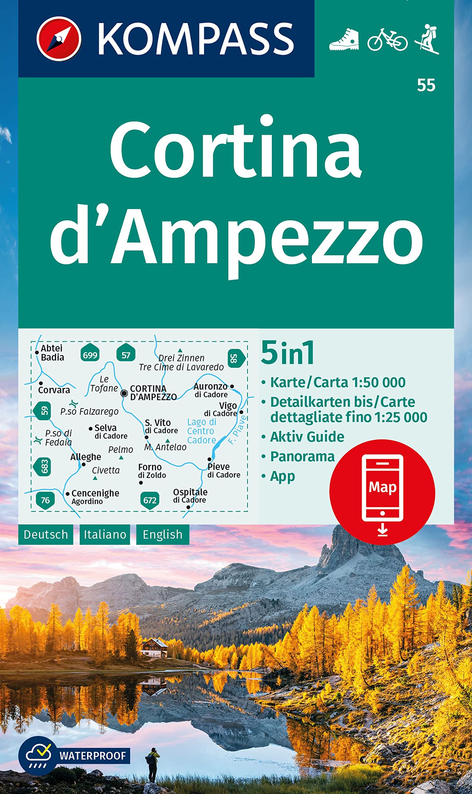 Cortina d'Ampezzo D/I/E (55): 5in1 Wanderkarte, mit Panorama, Aktiv Guide und Detailkarten inklusive Karte zur offline Verwendung in der KOMPASS-App. Fahrradfahren. Skitouren.