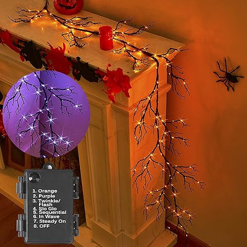 BAOLITVINE - Guirnalda iluminada de Halloween, funciona con pilas, con 8 funciones, 6 pies, 120 luces de hadas bicolor, guirnalda negra con luces