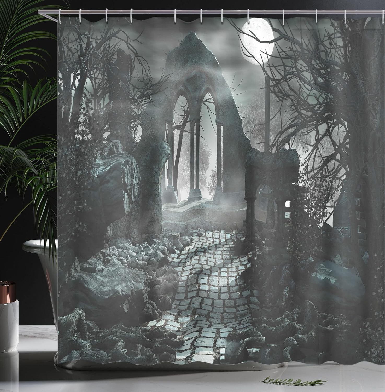Ambesonne Gothic Shower Curtain, Full Moon Over Medieval Building Ruins at Night Dark Scary Backdrop Middle Ages Image, Cloth Fabric Bathroom Decor Set with Hooks, 69" W x 75" L, Blue Grey