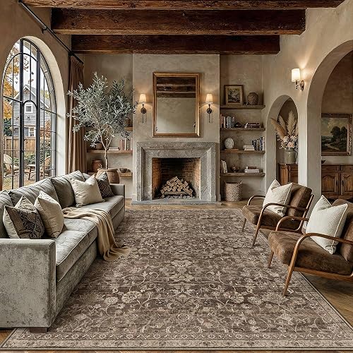 HUGEAR Retro Brown 8x10 Area Rugs for Living Room Vintage Washable Rug Soft Large Neutral Area Rug Durable Carpet for Bedroom Dining Room Office Farmhouse Non Shedding Non-Slip Low Pile