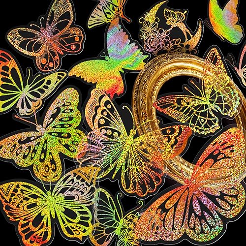 Miniatura 5 de Yoksas 100 calcomanías de mariposa holográficas doradas con purpurina, calcomanías de mariposa transparentes para álbumes de recortes, botellas de