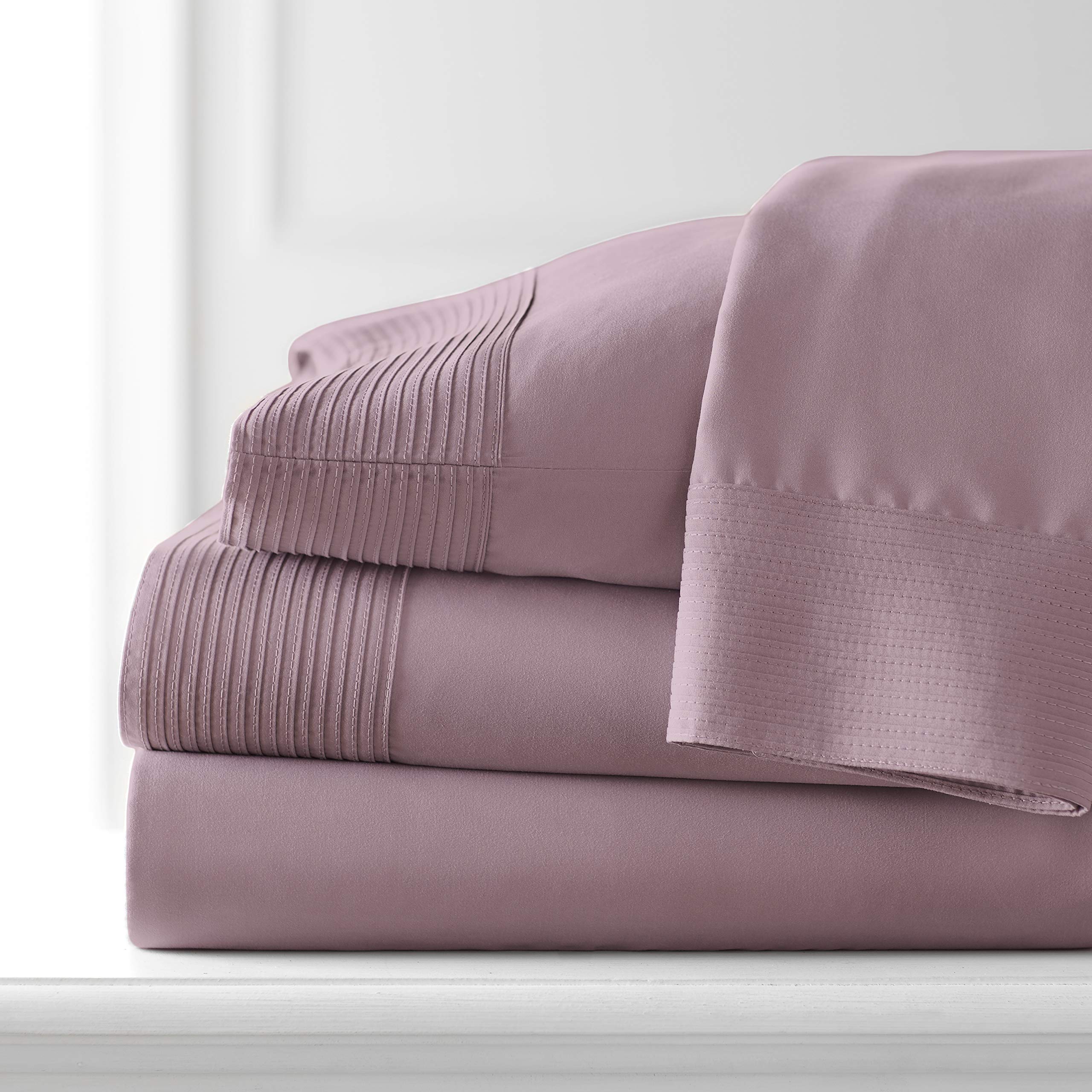 SouthShore FINE LIVING Vilano Pleats, 5-Piece, 21-Inch Extra Deep Pocket Sheet Set, Premium Quality, Easy Care, Shrinkage Free, Sheet Set, Lavender, Split-King
