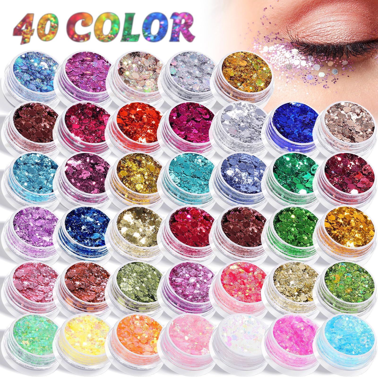 40 Colors Body Glitter, Mardi Gras Accessories Hair Glitter for Kids Women Glow in The Dark, Eyeshadow Face Sparkles, Makeup Festivals, Raves, Anime Cosplay, Concerts Face Paint Valentines Day Gifts