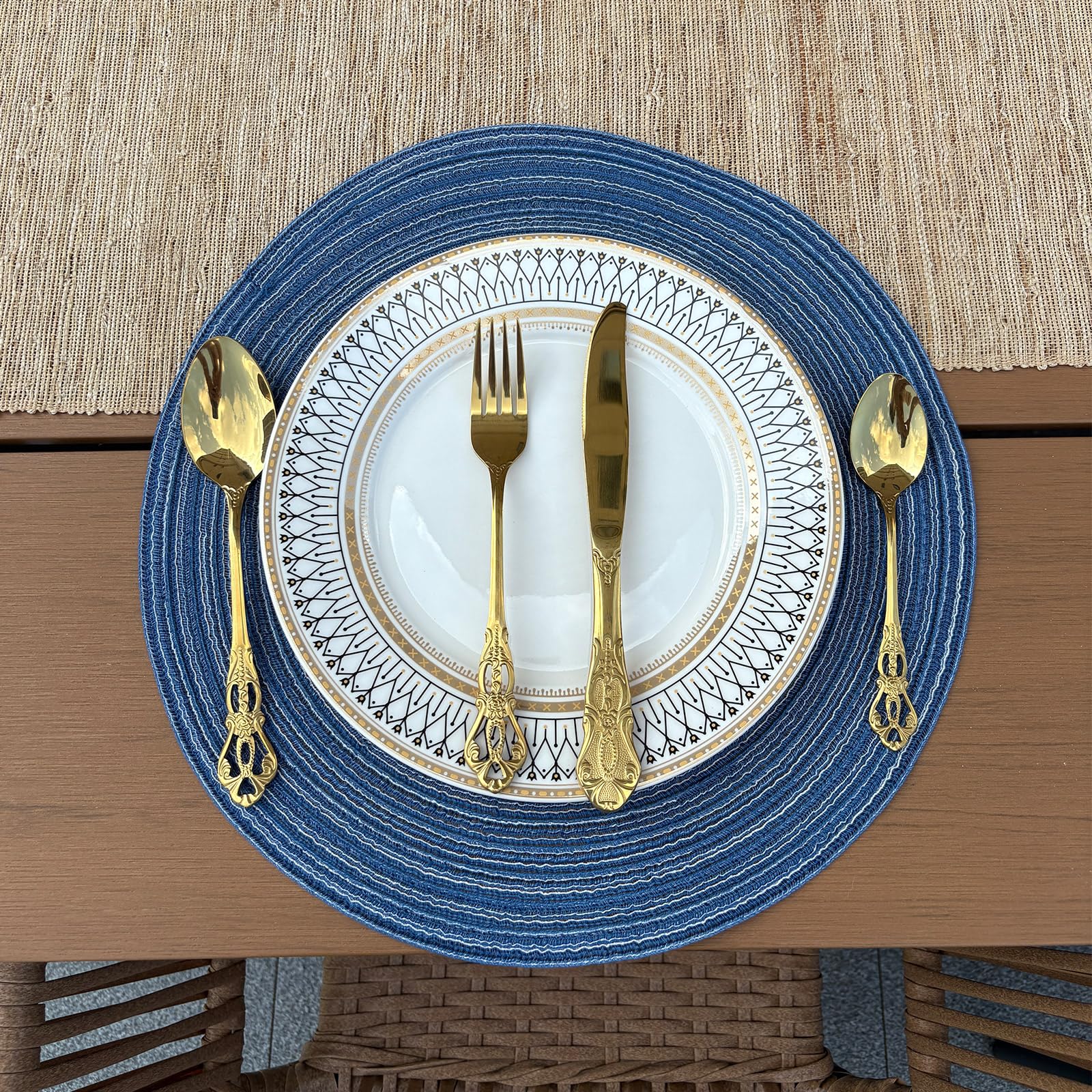 Blue Woven Placemats Set of 8,Washable Wipeable Woven TableMats Set of 8, Rattan Look Placemats,Blue ocen-Like placemats 15 Inch(Blue White)