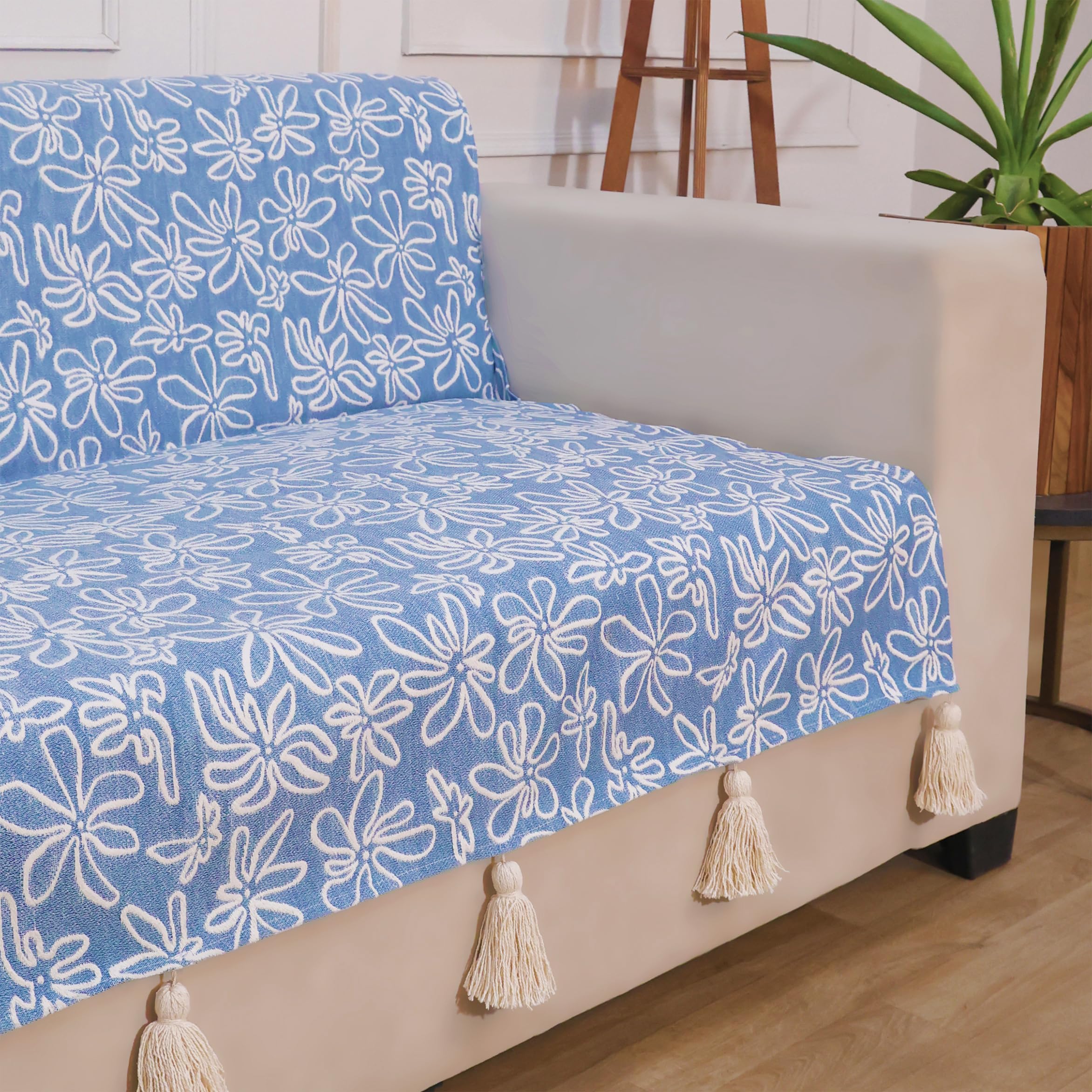 STITCHNEST 'Verdant Phool Stories' 3 Seater Sofa Cover – Full Coverage| Elegant Jacquard Fabric, Decorative Tassels, Washable & Durable for Modern Living