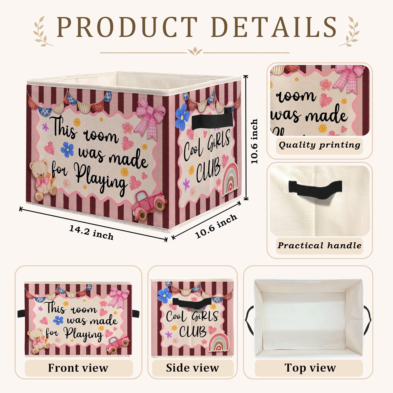 Coquette Pink Playroom Foldable Storage Bins Box | This Room Was Made for Playing Striped Storage Organizer Basket with Handles for Playroom Bedroom Clothes Books