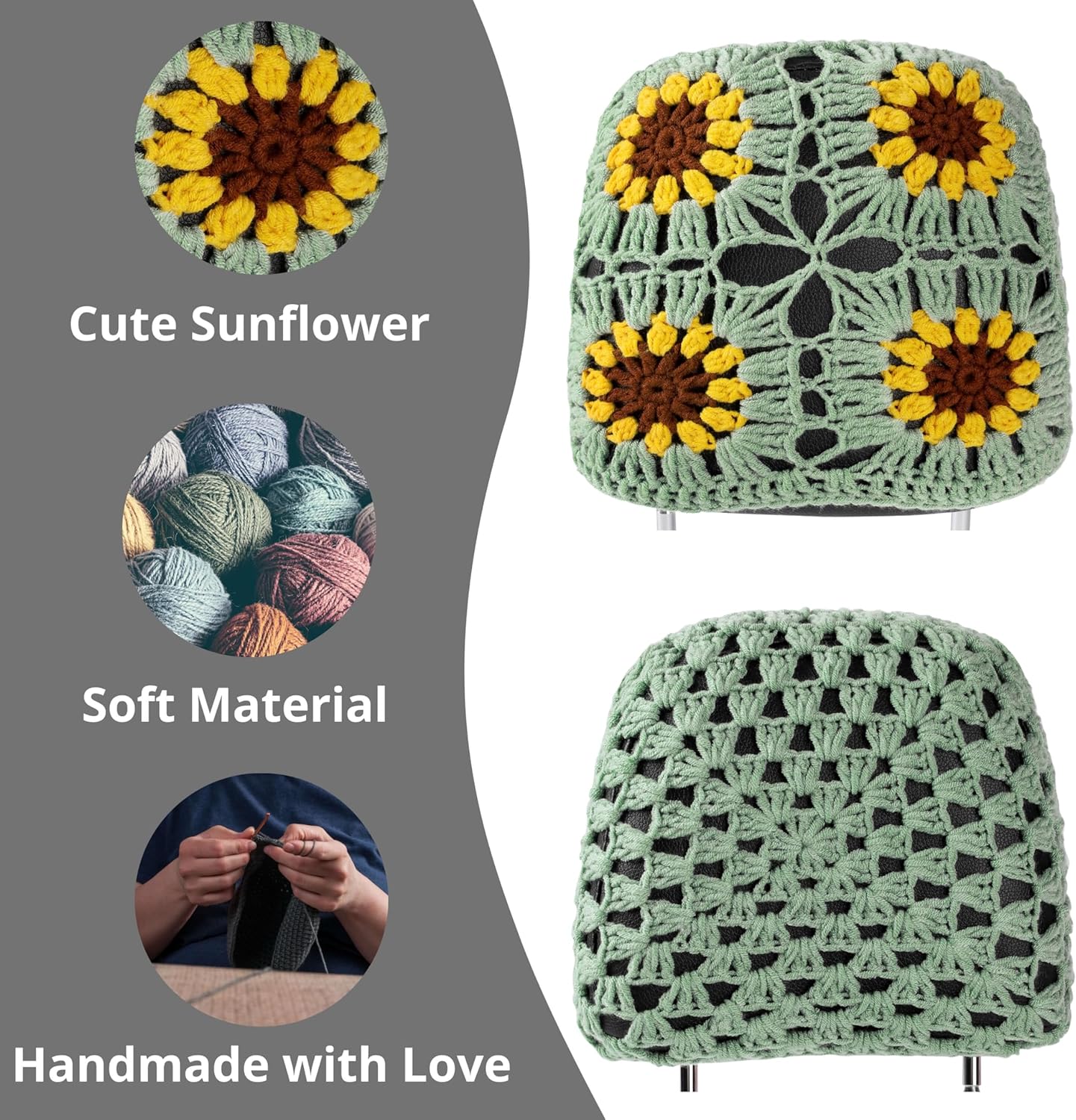 2PCS Crochet Seat Headrest Cover,Car Head Rest Protector,Cute Sunflower Car Accessories for Women, Universal Seat Cover Boho Car Decor Fit Sedans,SUVs,Trucks (05Blue-Sunflower)