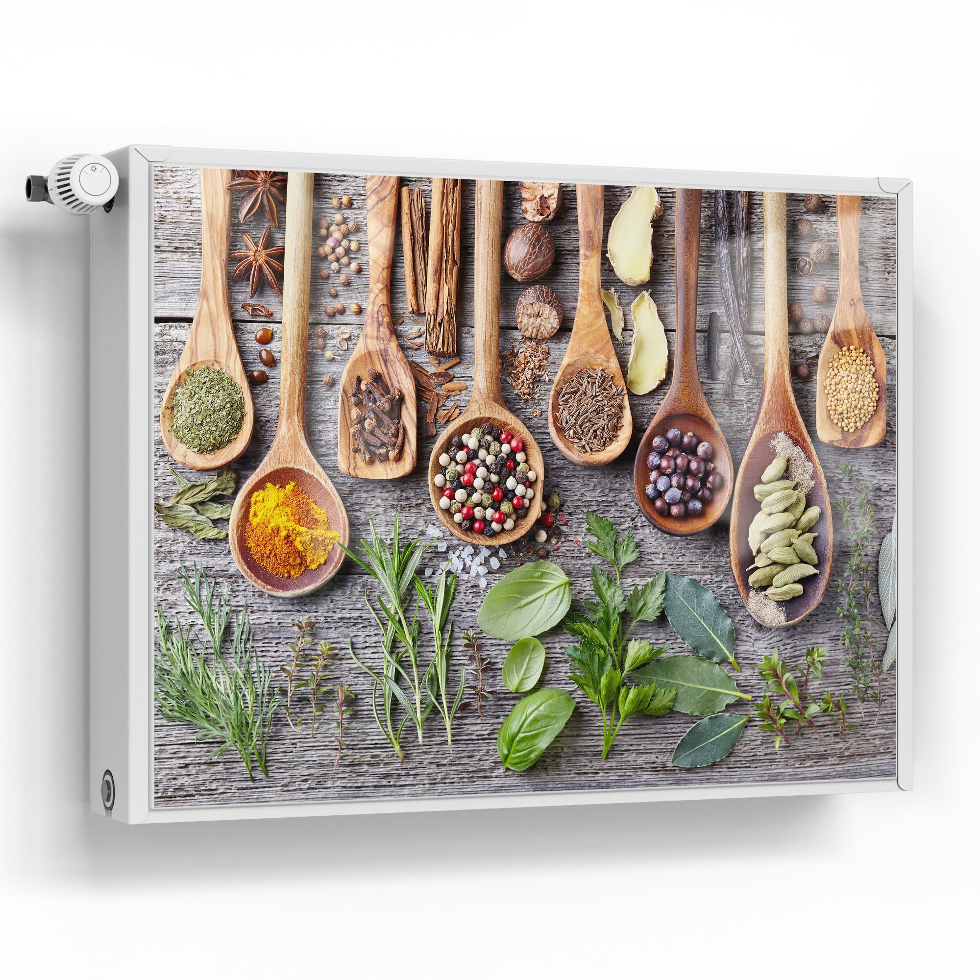DEQORI Folia magnetyczna do ogrzewania 80 x 60 cm | motyw zdobiona łyżką kuchenną | dekoracyjna mata magnetyczna, ochrona grzejników | magnetyczna folia dekoracyjna samoprzylepna, magnetyczna i do