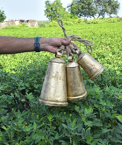 Miniatura 7 de Juego de 3 campanas de vaca colgantes rústicas gigantes, estilo vintage, con cuerda de yute para pomo de puerta, campanas de bruja para protección