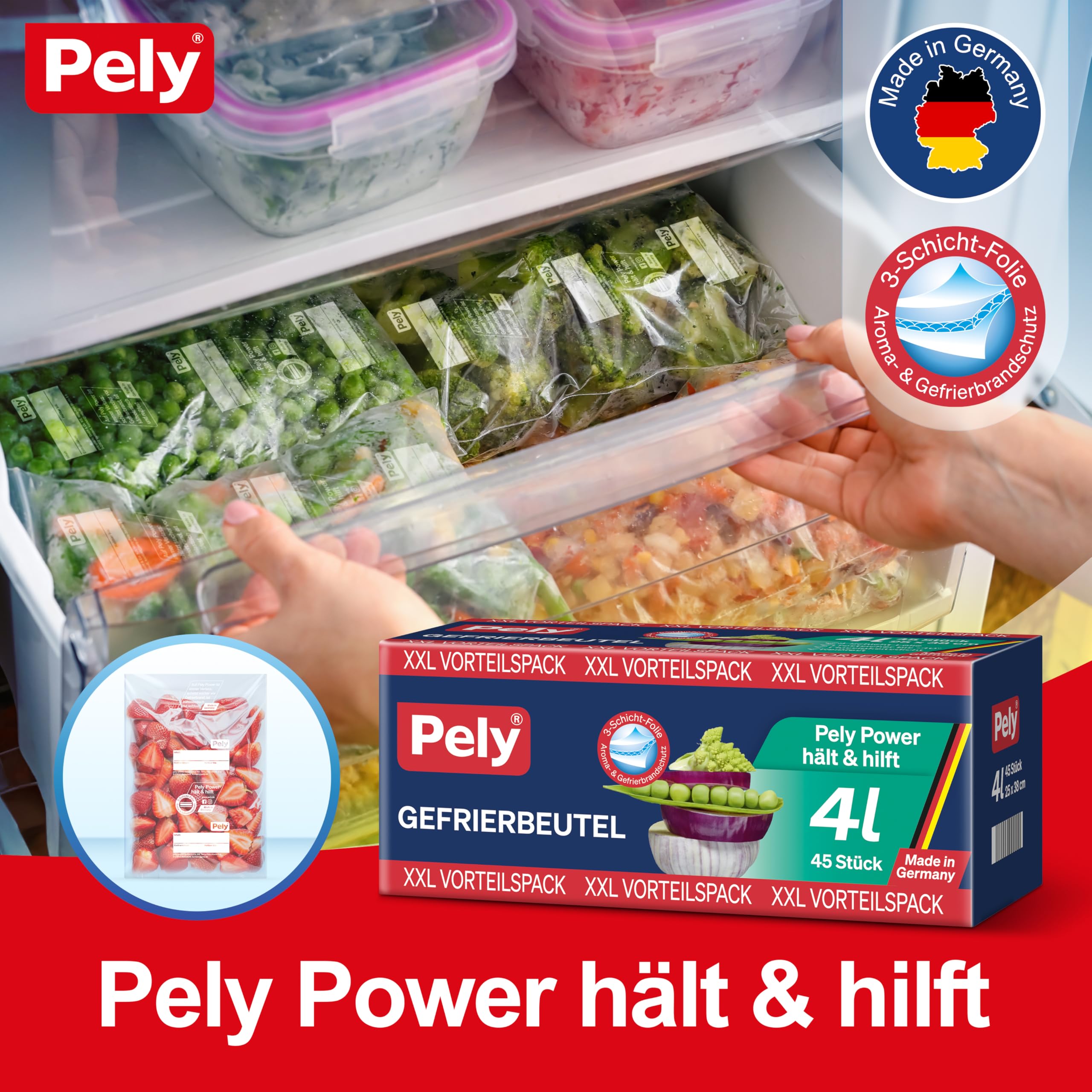 pely 8674 - Sacchetti per congelatore, 4 l, 45 sacchetti, confezione risparmio (4 litri)