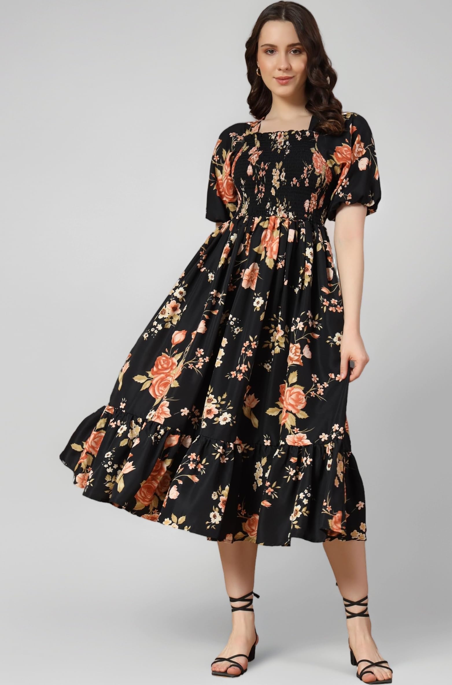 | Floral Print Midi Dress | Beautiful Floral Design | Ideal for Casual, Work Fit & Comfortable Elastic & Fabric | Suitable for Women's