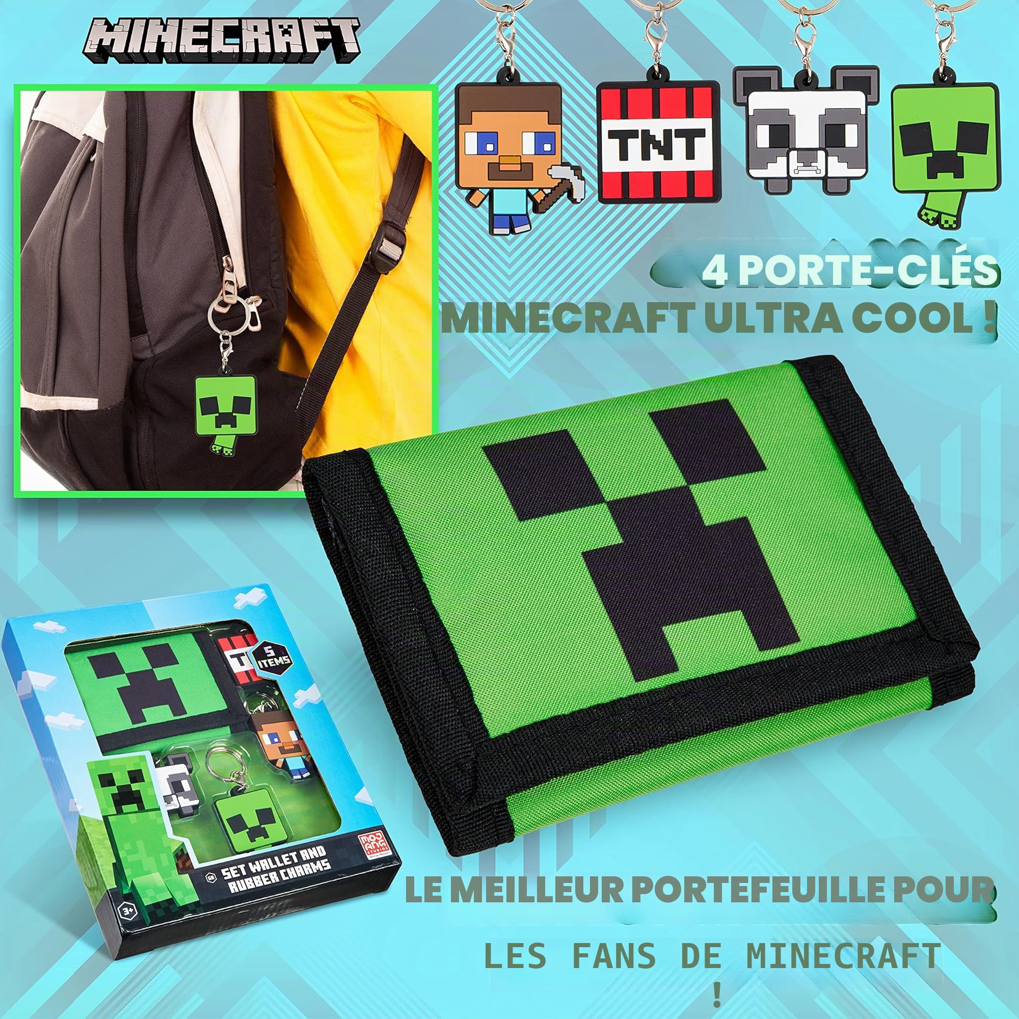 Minecraft Porte Monnaie Enfant Garçon Lot Porte Clé et Portefeuille Scratch Enfant Ado Cadeau pour Gamer Garcon Fille Goodies Creeper Steve TNT
