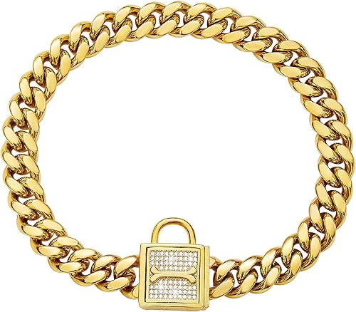 Collar de cadena para perro con cierre de circonita de 0.472 in, cadena de eslabones cubanos de oro de 18 quilates, acero inoxidable, collar de lujo
