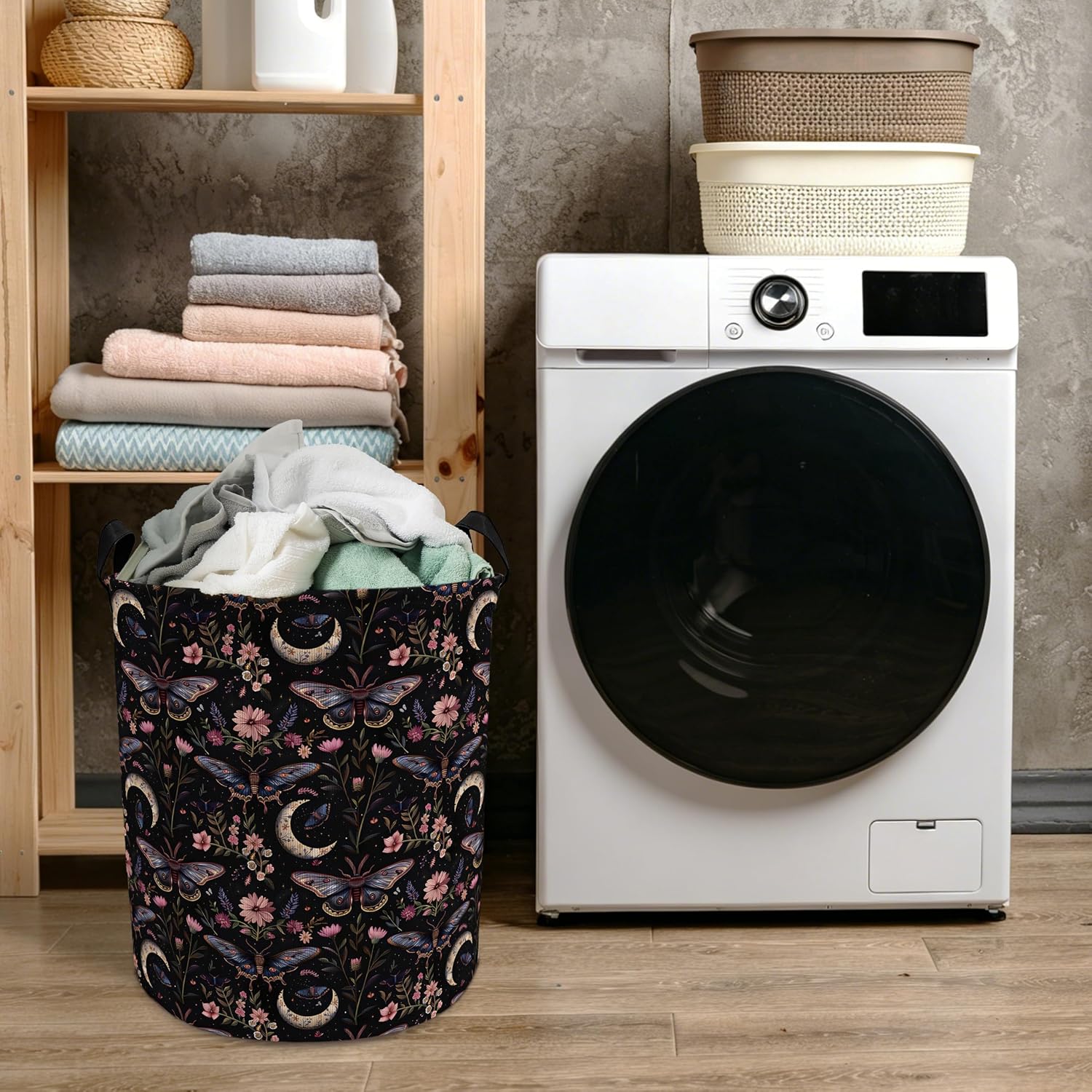 Moody Gothic Moth Floral Laundry Basket with Handles, Dark Academia Witchy Flower Butterfly Collapsible Waterproof Laundry Hamper Clothes Storage Basket for Bedroom Bathroom Home