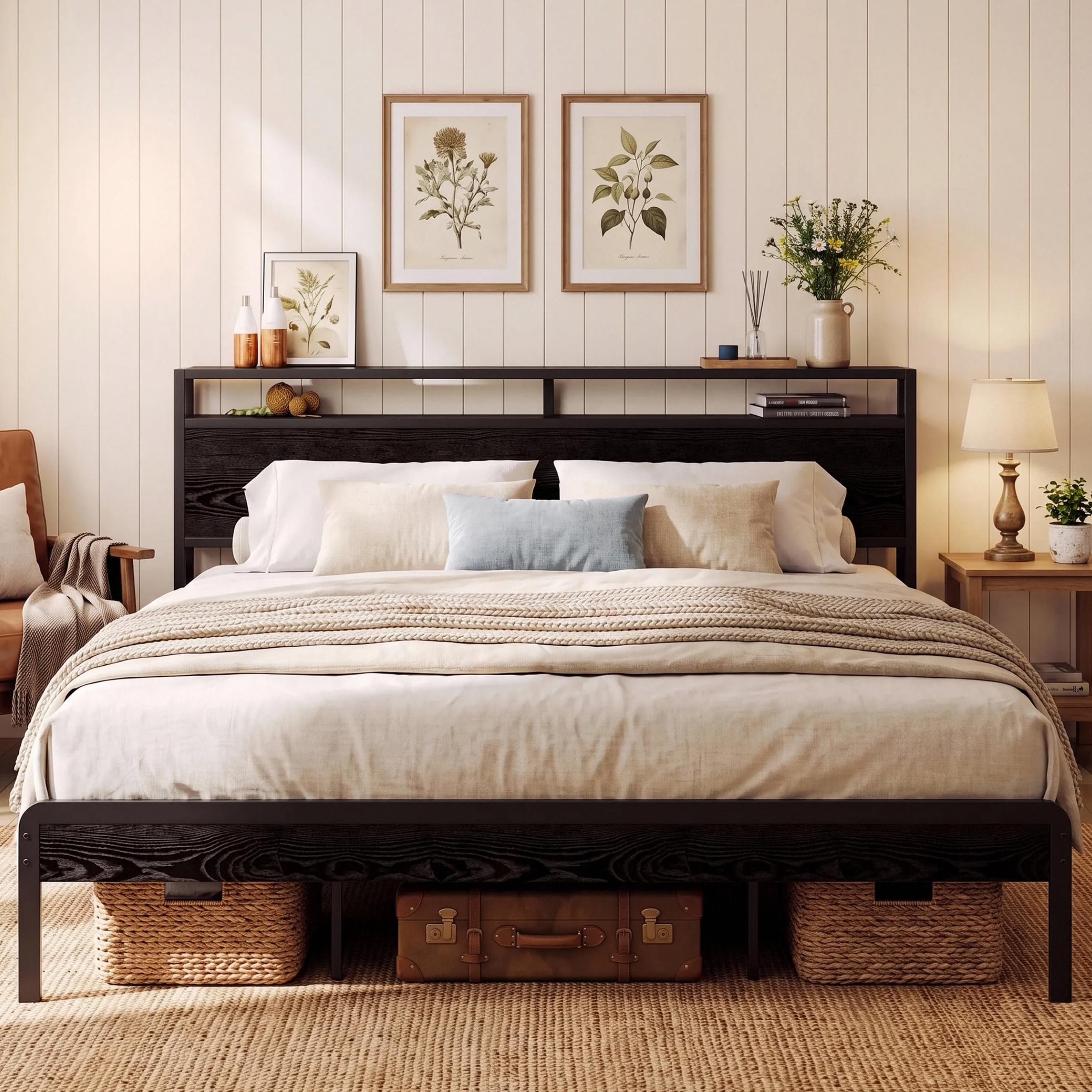 LIKIMIO King Size Bed Frame with 2-Tier Storage Shelf Headboard