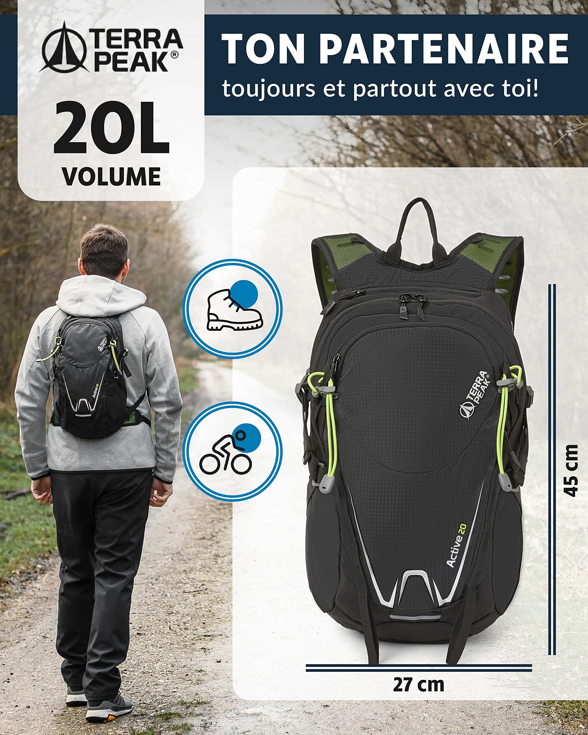 Terra Peak® Sac à dos de randonnée 20L (ACTIVE 20) petit pour femme et homme - Sac a dos de trekking, chasse et voyage (respirant, imperméable) - Sac alpinisme, escalade et de jour (ergonomique)