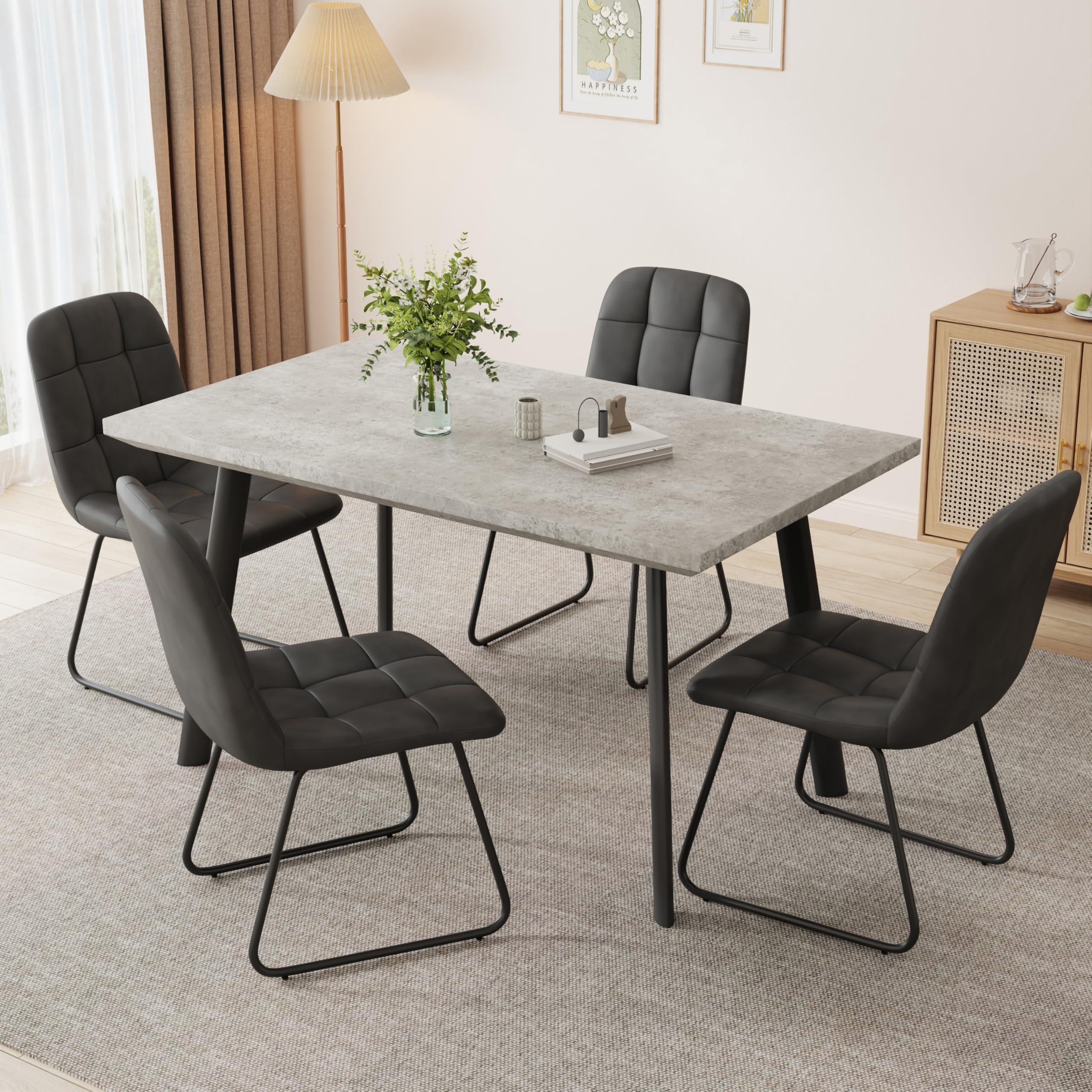 - ZckyCine 46.5" Modern Grey Dining Table Set for 4, 5-Piece Kitchen & Dining Room Furniture with 4 Upholstered Chairs, Space Saving Small Dining Table Set for Apartment, Home, Breakfast Nook