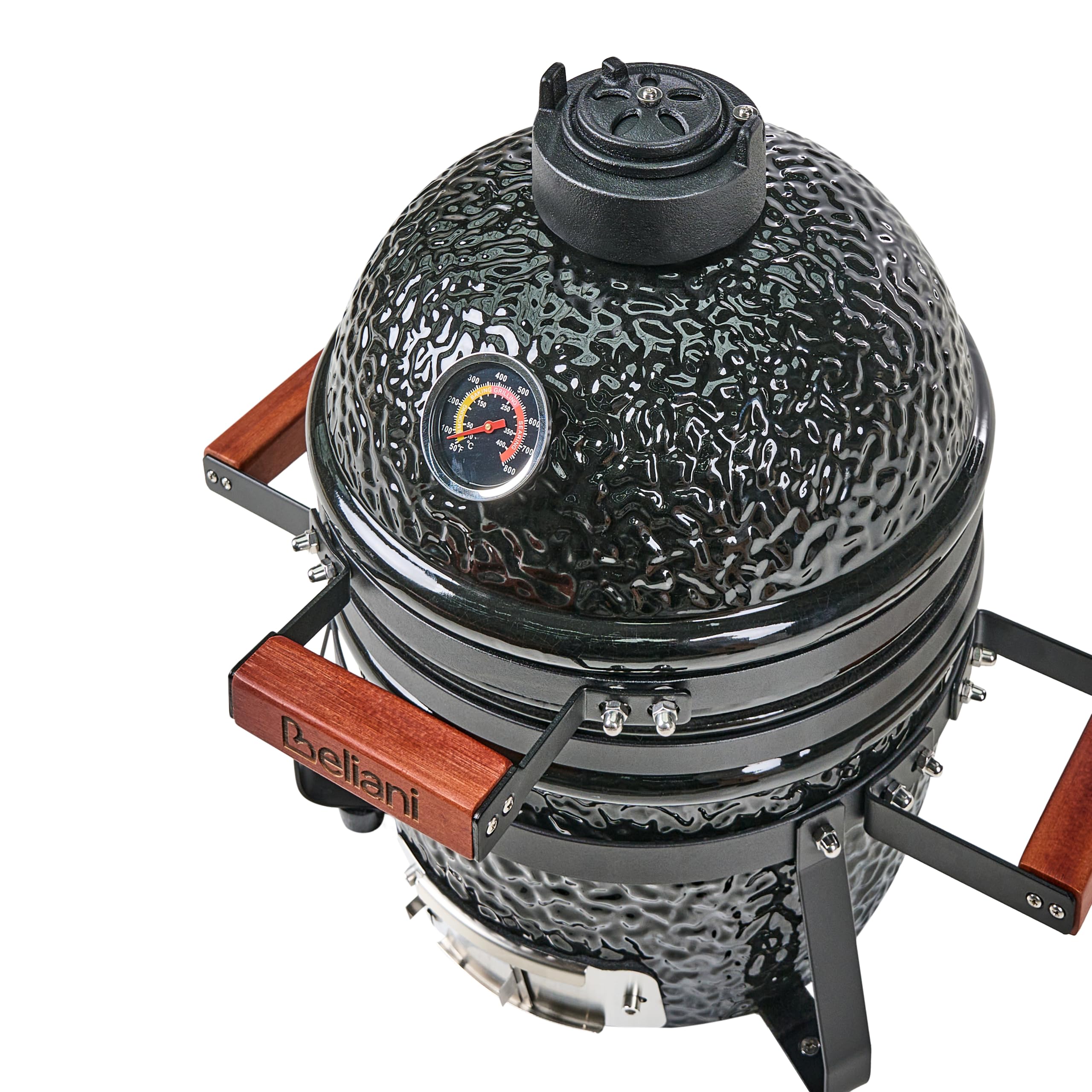 Ogrodowy mini grill węglowy ceramiczny przenośny z pokrywą termometerem rusztem czarny Kamado