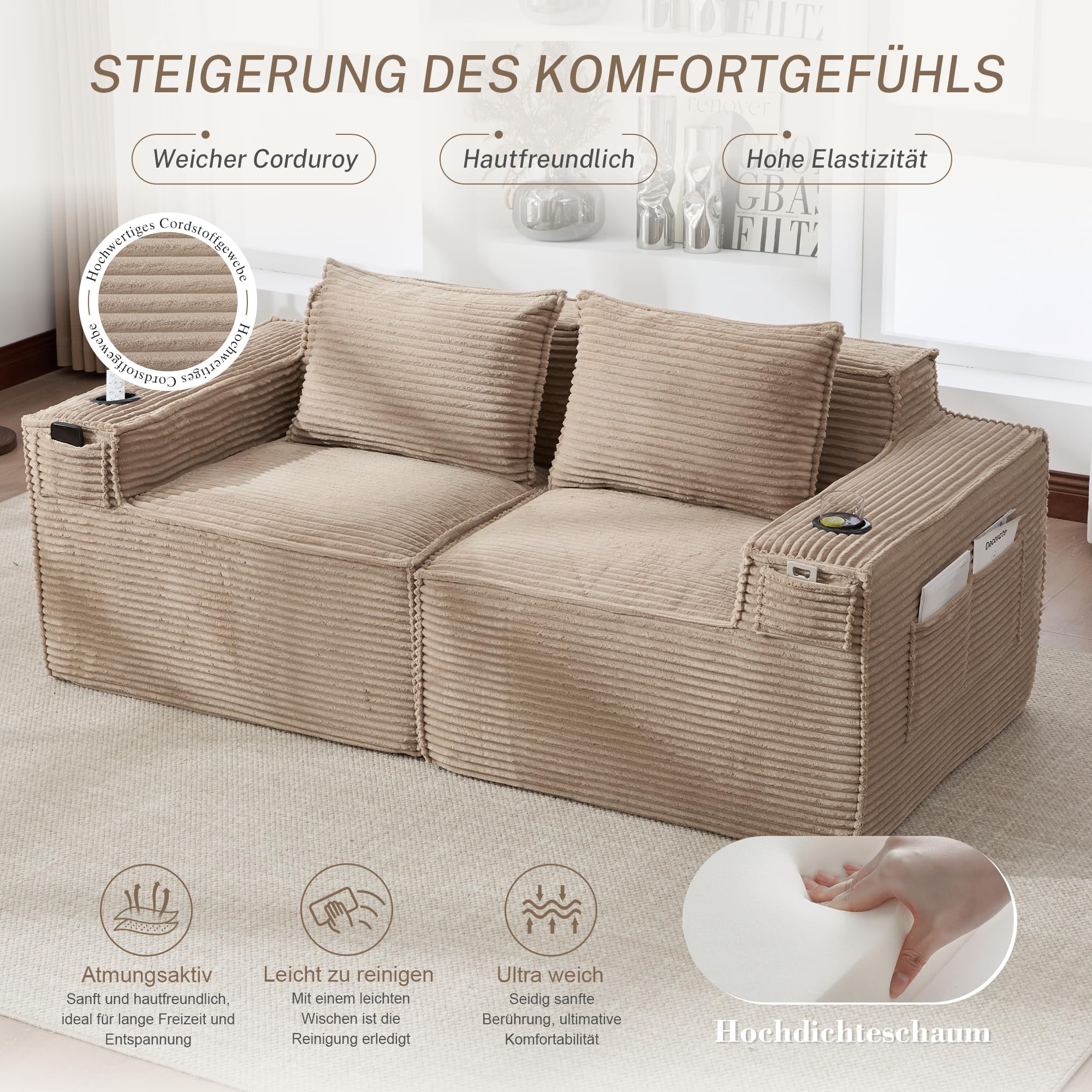 Generisch 2-osobowa sofa sztruksowa z rdzeniem sprężynowym, uchwytami na napoje i kieszeniami bocznymi