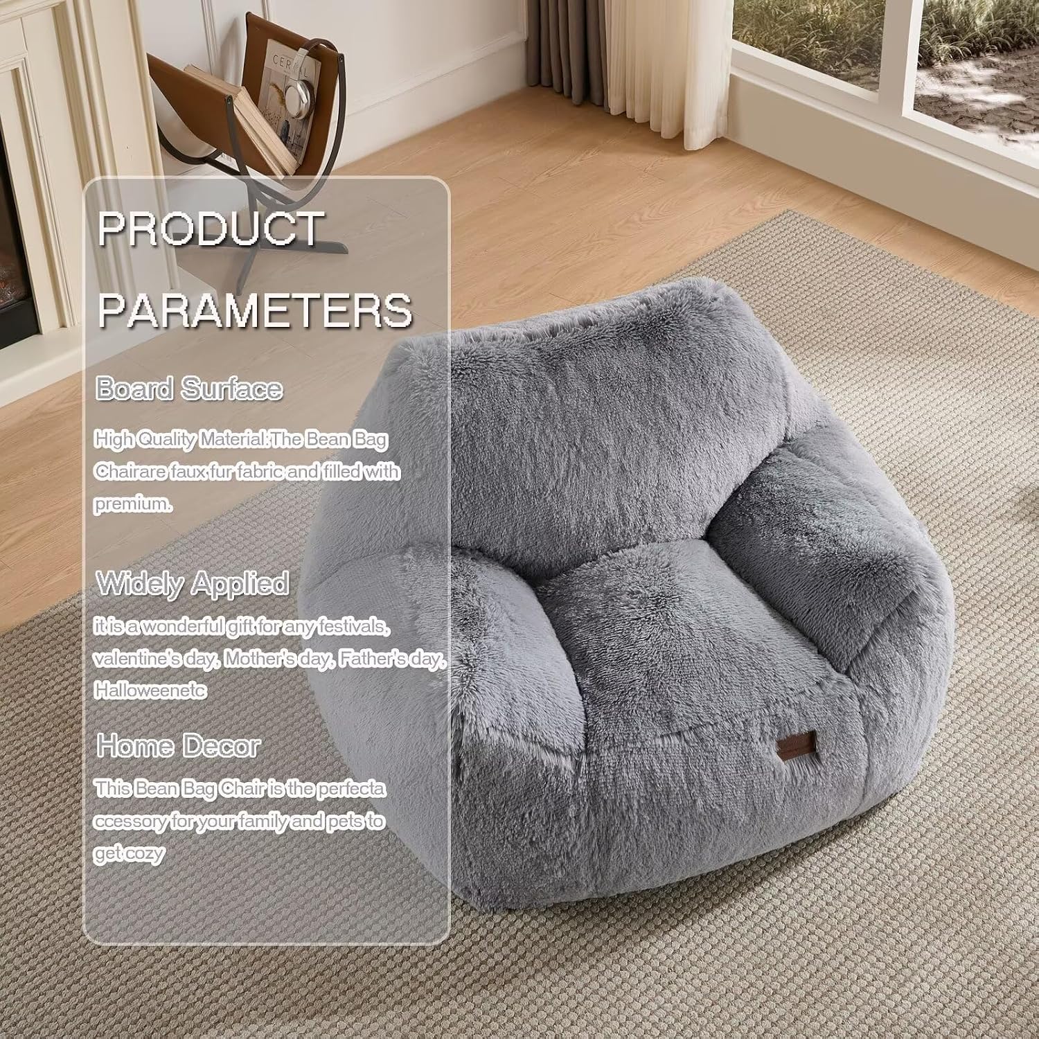 Oversized Fluffy Bean Bag Chair with Armrests, Giant Soft Plush Lazy Sofa, Comfortable Single Cloud Floor Couch for Adults, Accent Chair for Living Room Bedroom Dorm (Light Grey)