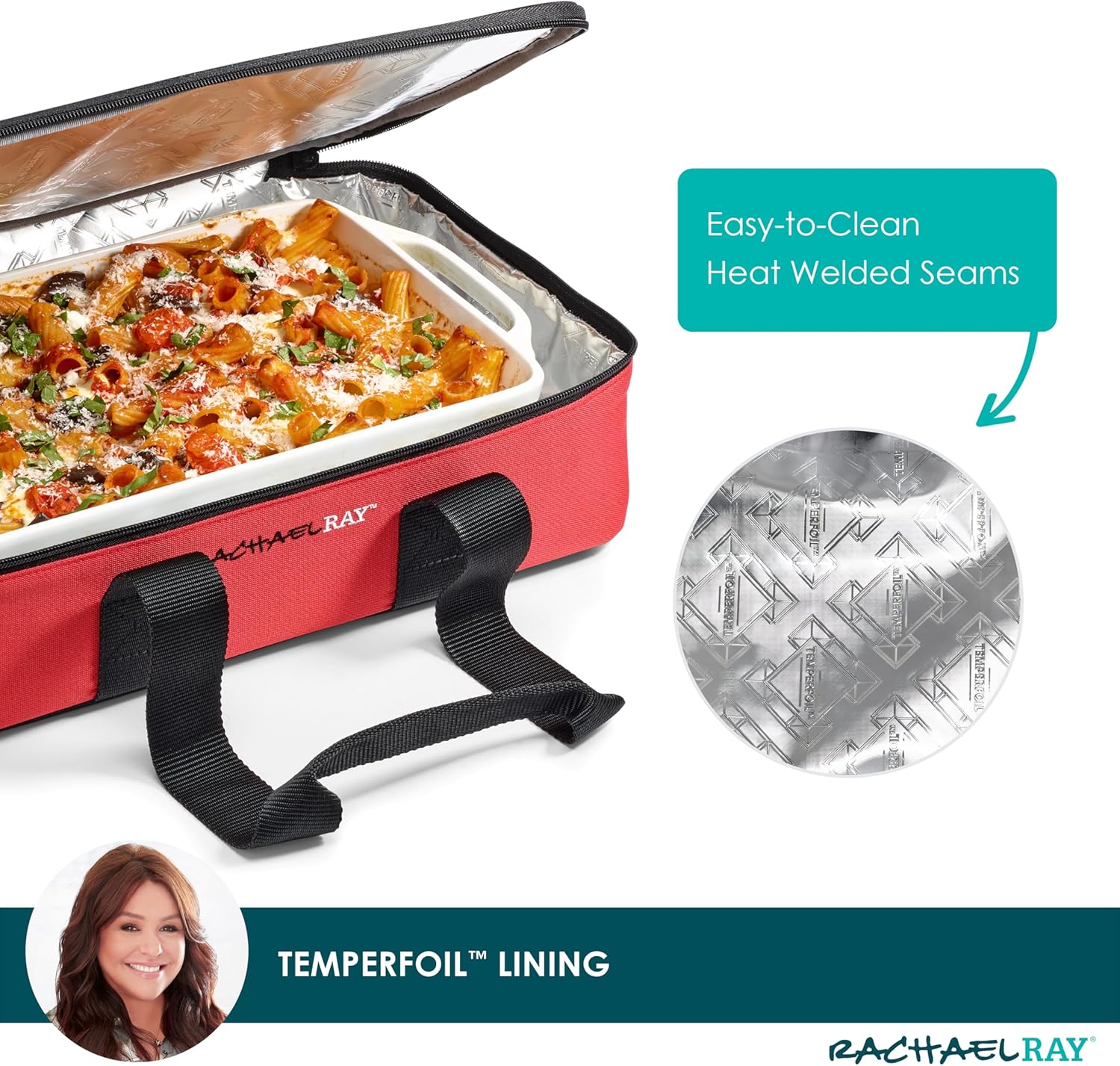 Rachael Ray Lugger Duo, Insulated Casserole Carrier for Hot or Cold Food, Thermal Lasanga Lugger Tote for Potluck, Parties, Picnic, and Cookouts, Fits 9" x 13" Baking Dish, Red Buffalo - Image 4