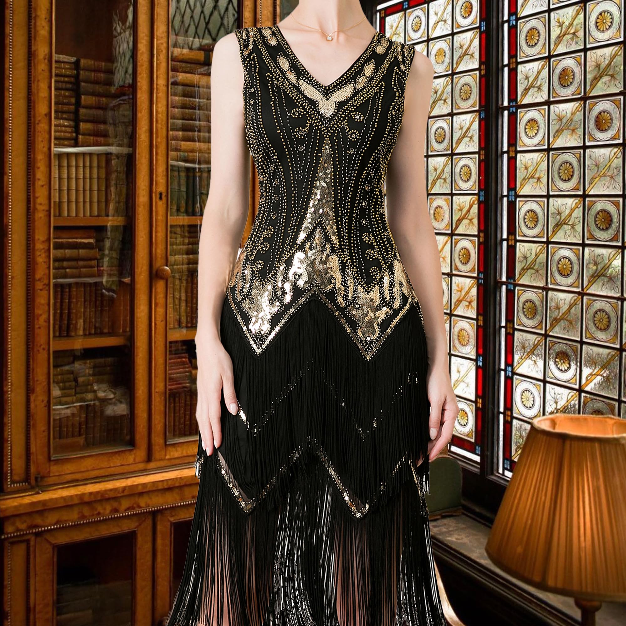 MUNAFIE Robe à paillettes des années 20 - Robe à franges, col en V - Robe à paillettes pour femme - Robe de fête Gatsby Charleston Flapper - Robe de fête costumée