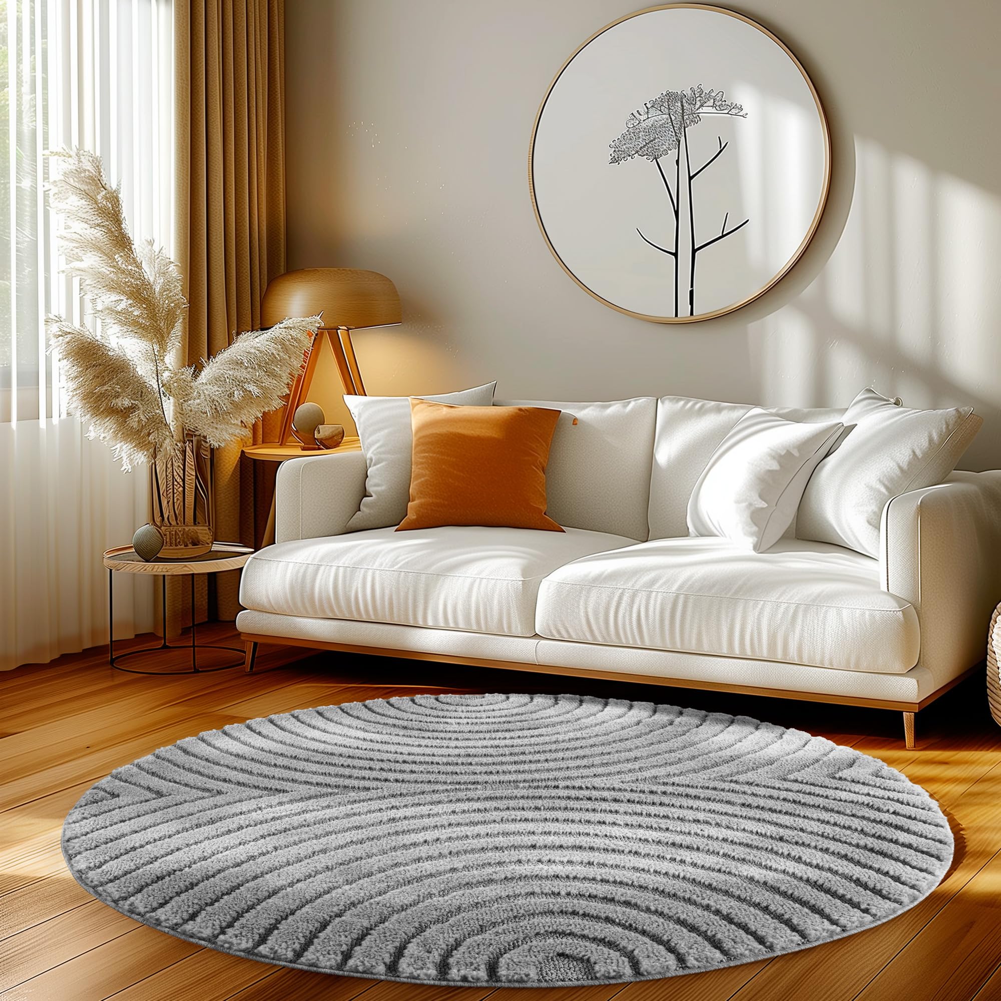HomebyHome Wohnzimmer Teppich Rund 120 cm Grau Hochflor Skandi Boho Design Hoch-Tief Effekt Weicher Shaggy Langflor Flauschig Pflegeleicht Modern für beistelltisch