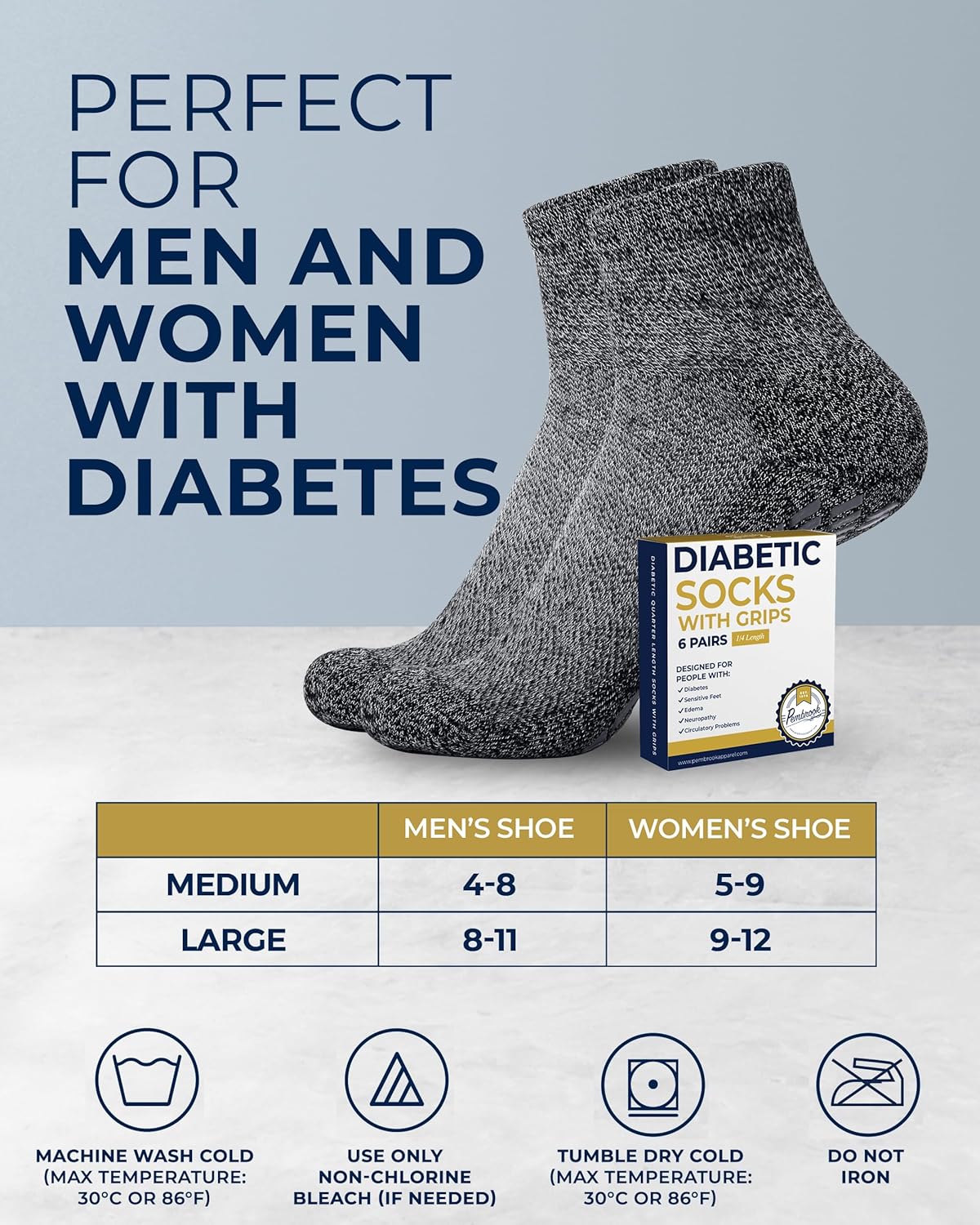 Pembrook 6 Pairs Diabetic Ankle Socks for Men & Women with Grips - 12 Colors Neuropathy Socks for Men | Non Slip | Edema - Image 6