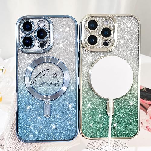 Vista 505 de Fiyart - Funda transparente magnética con purpurina para iPhone 12 para mujeres, con grabado "Love" metálico, protección para cámara y antigolpes