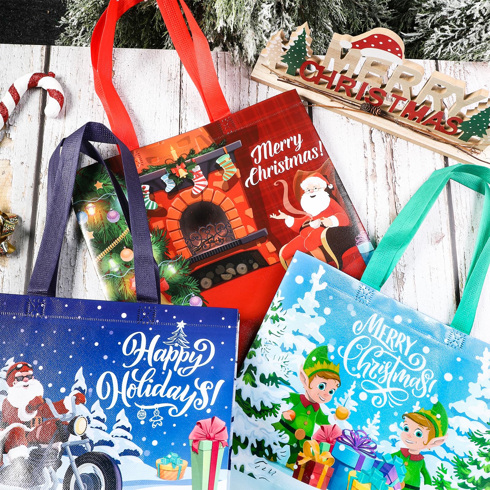Christmas Recycled Gift Bags With Handles (12-Pack) | Medium Size 13"x10"x7", Reusable Non-Woven, Pink & Purple Holiday Designs