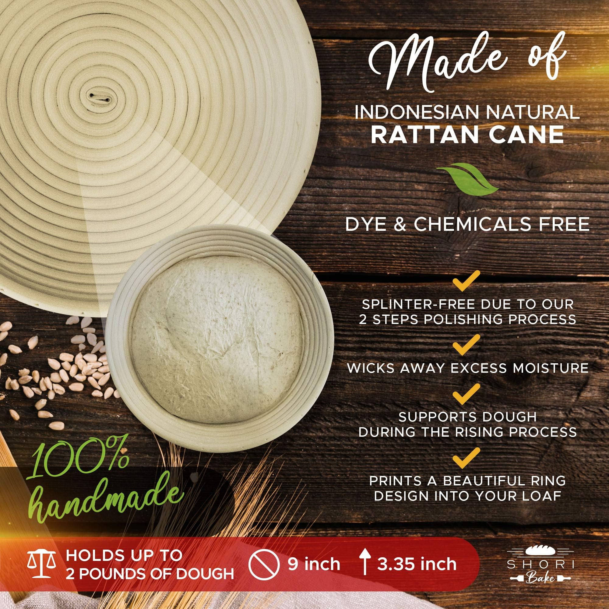Shori Bake Banneton Bread Proofing Basket Set of 2 Round 9 Inch + Sourdough Bread Making Tools Kit, Baking Gifts for Bakers, Brotform Liner, Bread Lame, Dough Scraper, Bowl Scraper, Danish Dough Whisk