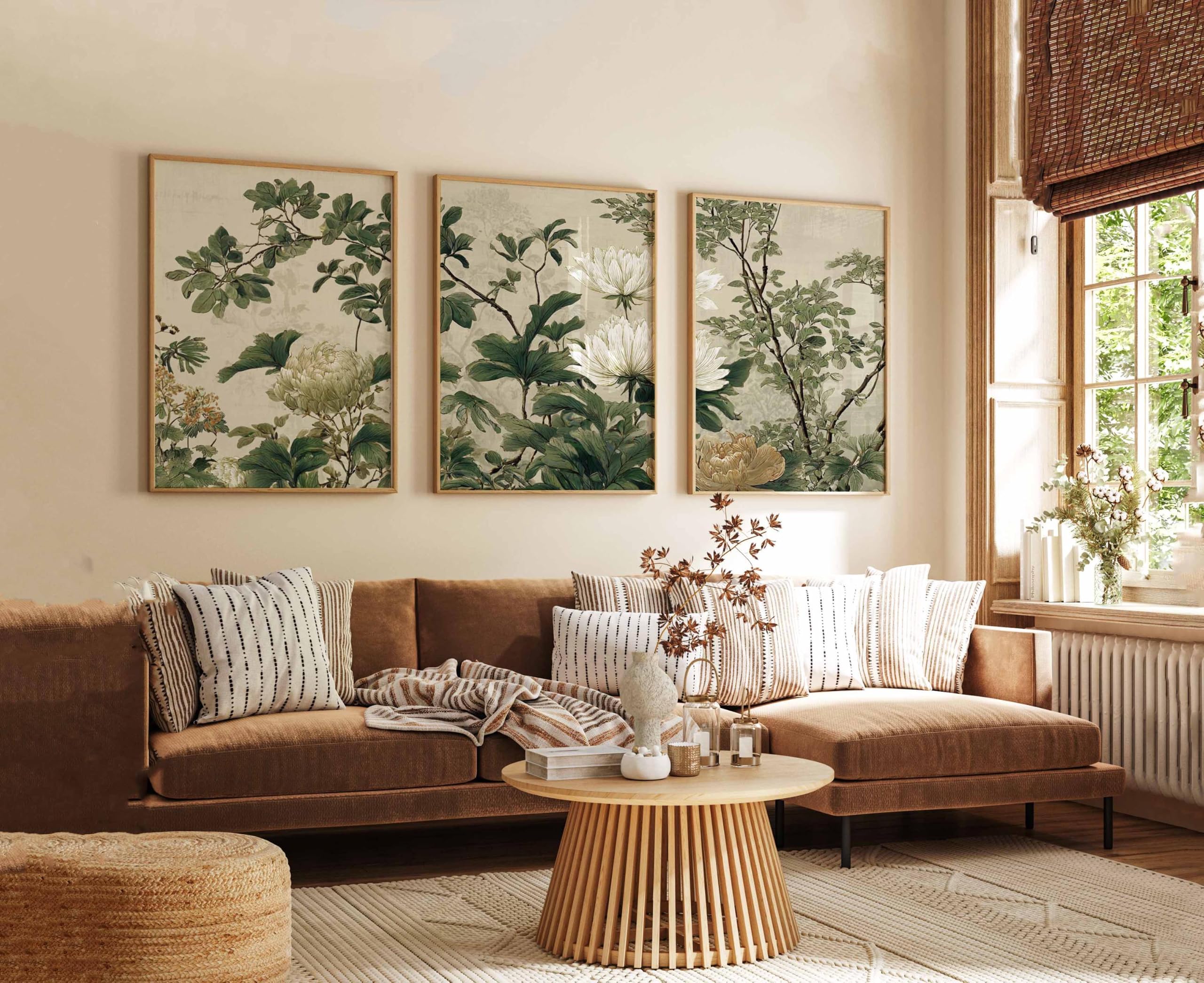 AMOSIJOY Vintage Botanical Wall Art Prints Set of 3, Green and Beige Floral Posters with Classic Plant Artwork, Elegant Nature Decor for Living Room Bedroom Hallway, Unframed (40×50cm)