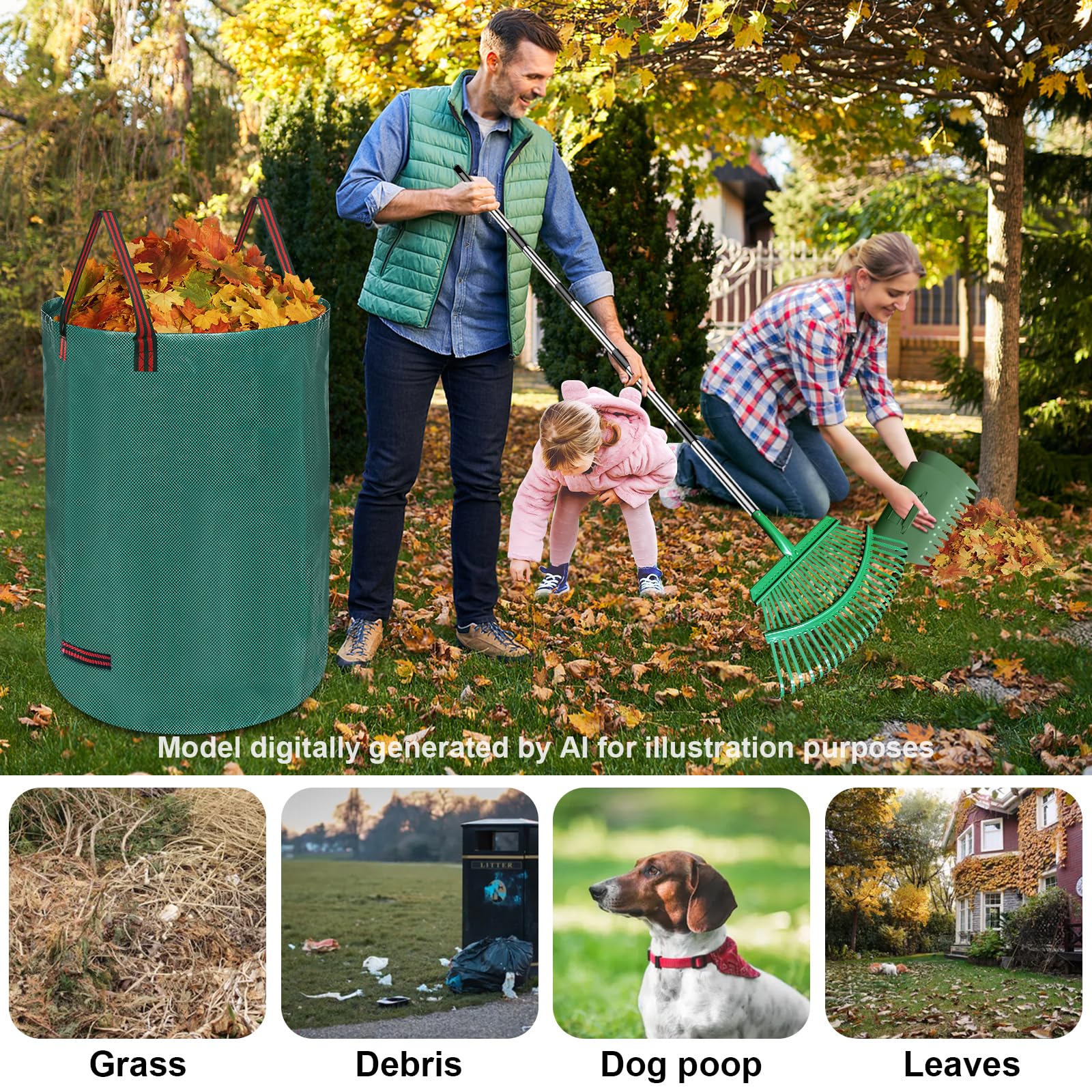 Juego de rastrillo de hojas de jardín 5 en 1, rastrillo de hojas ajustable con 2 bolsas colectoras de hojas grandes, un par de agarradores de hojas y un par de guantes de trabajo para limpieza de