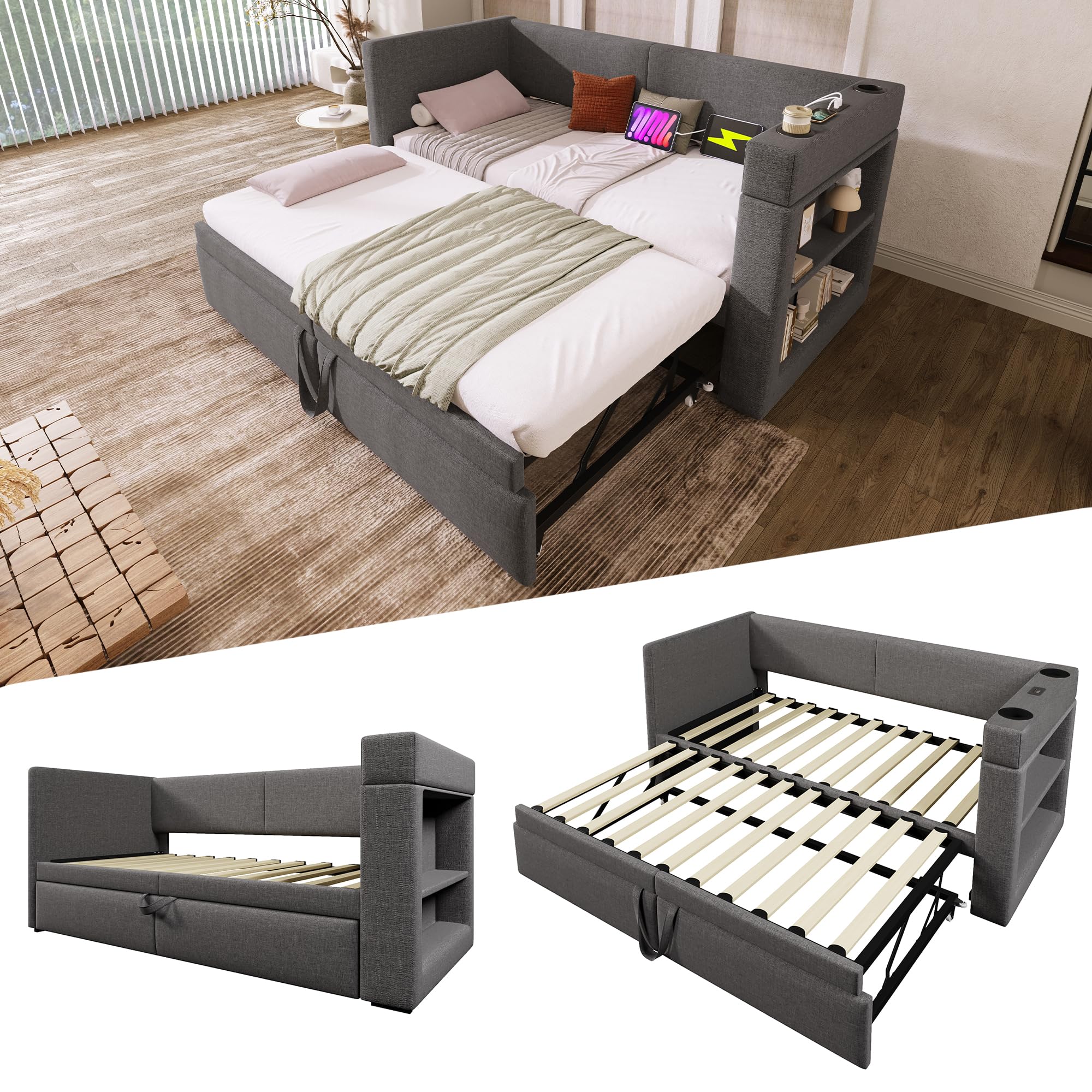 Multifunktions Daybett Jugendbett 90x200 cm Ausziehbett mit USB-Type-C & USB Ladeanschlüssen und Getränkehalter, Kinderbett, Polsterbett, Klappbett Gästebett, Grau (Ohne Matratze)
