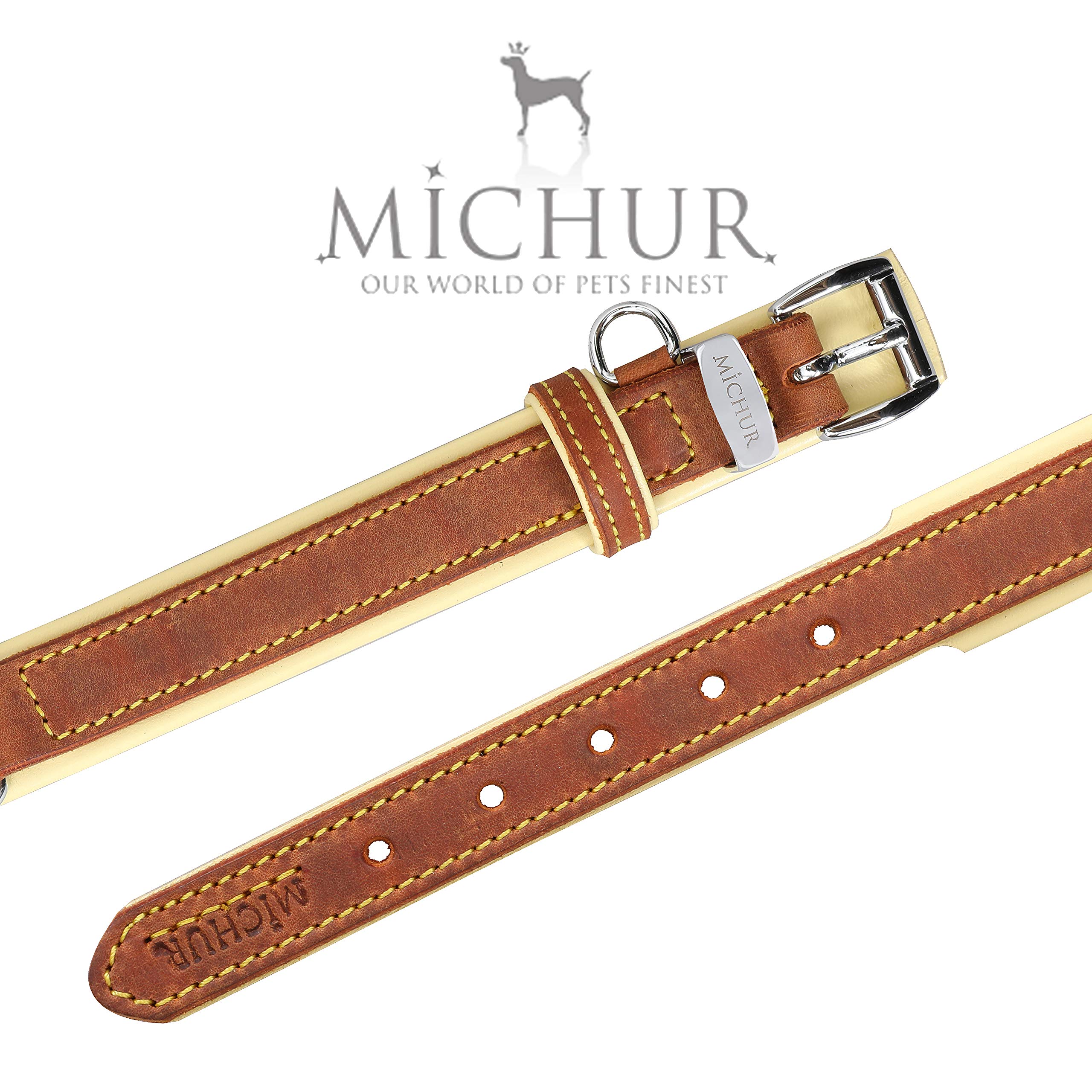 MICHUR Charly Hundehalsband Leder Braun Gelb, Lederhalsband Hund, Halsband, Leder, in verschiedenen Größen erhältlich