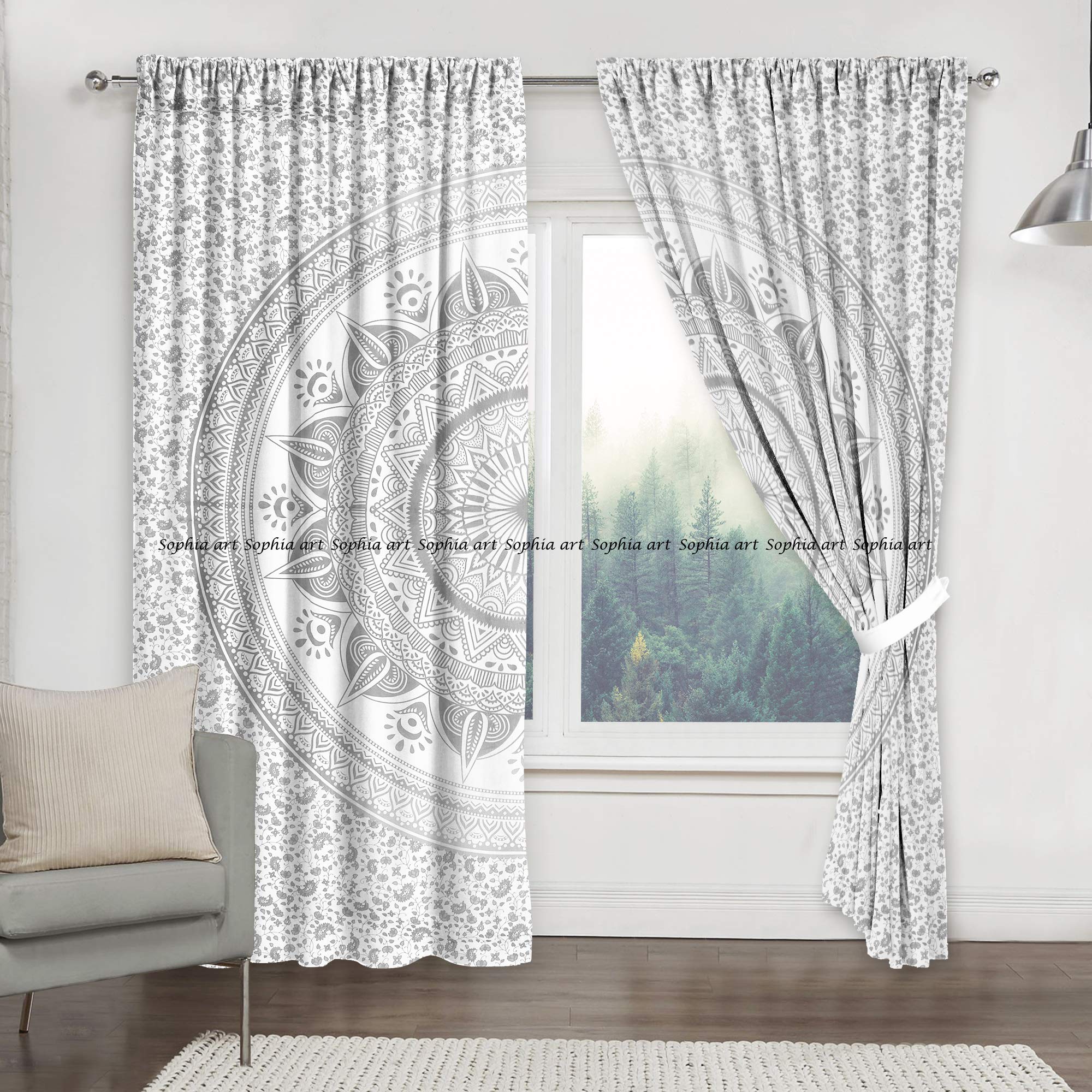 Tenda Indiana Con Mandala Per Cucina E Balcone - Set Di 2 Pannelli In Cotone 208x104 Cm - Arazzo Etnico Con Tasca Porta Asta - Colore Blu