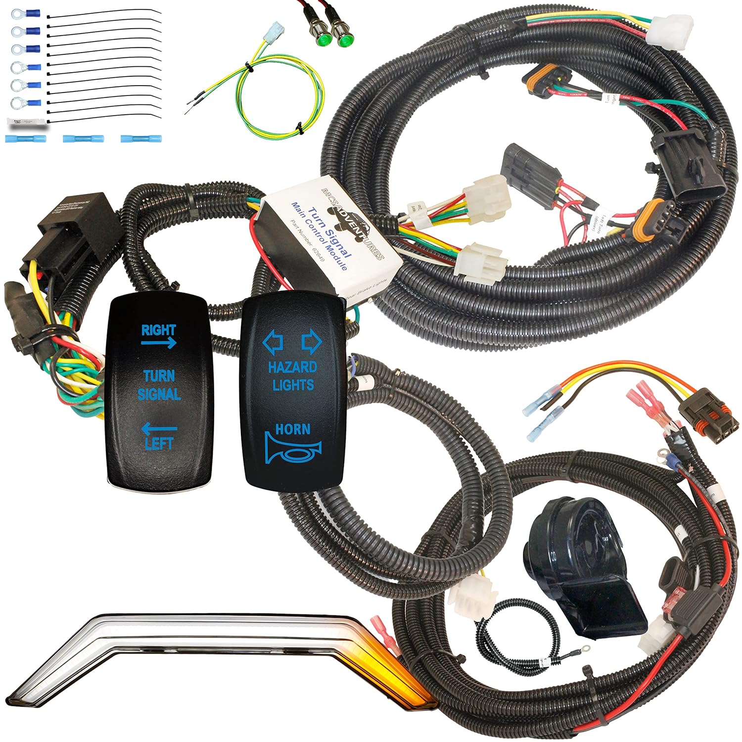 No Hole Vertical Rocker Plug and Play Integrated Street Legal Turn Signal Kit with Horn and Hazard for 20-24 Polaris RZR Pro XP, Pro R, Turbo R (Front: Fang, Blue Backlit Switches)