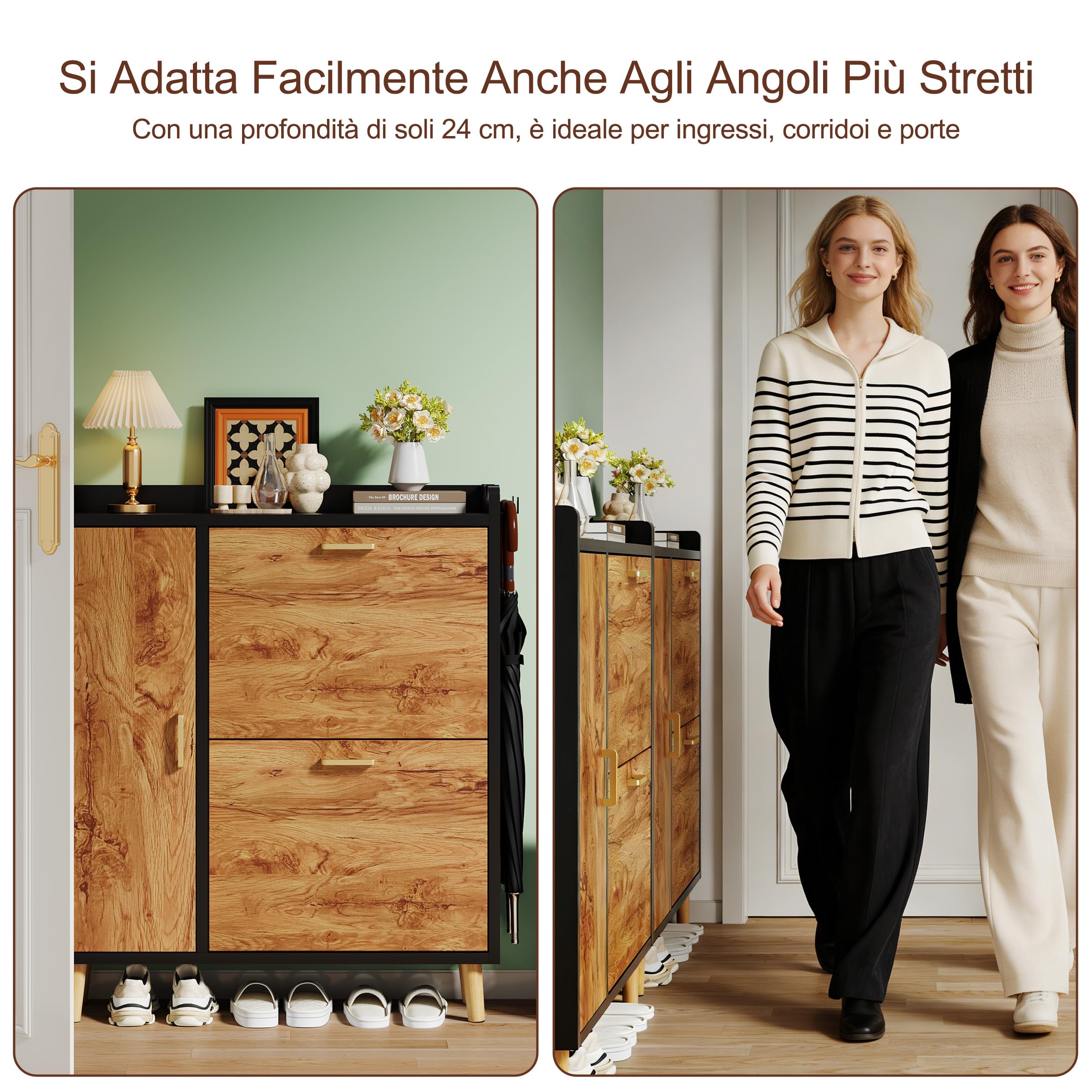 Scarpiera Salvaspazio Slim Con 3 Ante, Divisori Regolabili può Contenere Stivali, Scarpiera Ingresso Con Maniglie & 4 Gambe in Legno Massello Per Porta, Corridoio, Atrio (80x96x24cm, Nero)