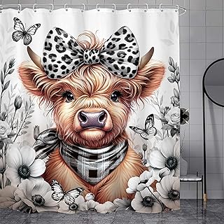 LGhtyro Farmhouse Highland Cow Shower Curtain Bathroom Set 60Wx71H Inches Leopard Bow Rustic Floral Black and White Sea Anemones Country Bath Accessories Farm Art Home Decor Fabric 12 Pack Hooks