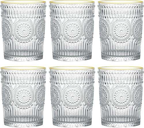 Miniatura 10 de Juego de 2 vasos de agua vintage de 10 onzas, vasos de agua con textura de flores, vasos pequeños y lindos para café, jugo, whisky, cerveza, cóctel