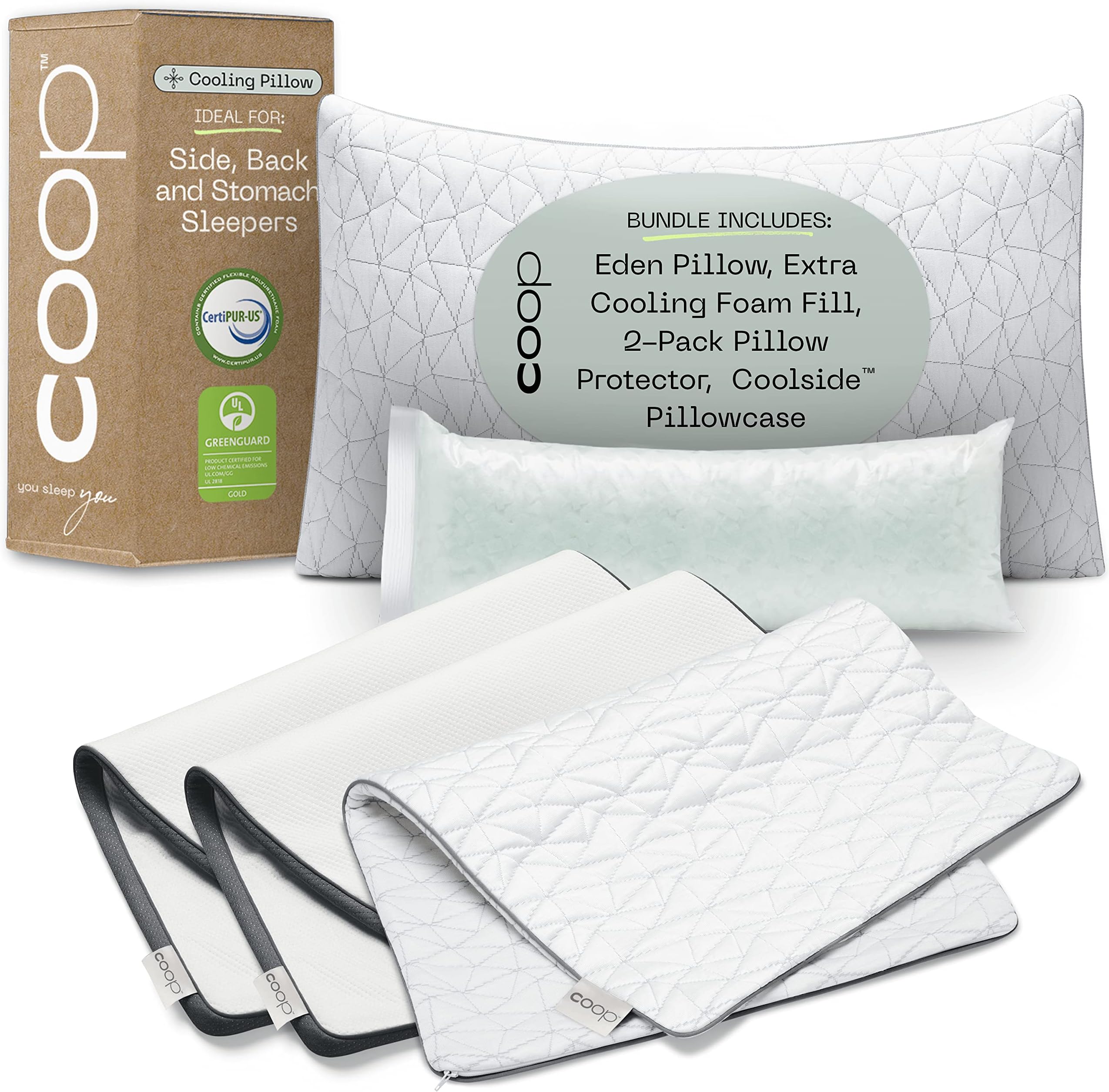 Eden Pillow, Protector & Pillowcase Queen Bundle, Set Includes (1) Eden Pillow, (1) Coolside Pillowcase & (2) UltraTech Waterproof Pillow Protectors