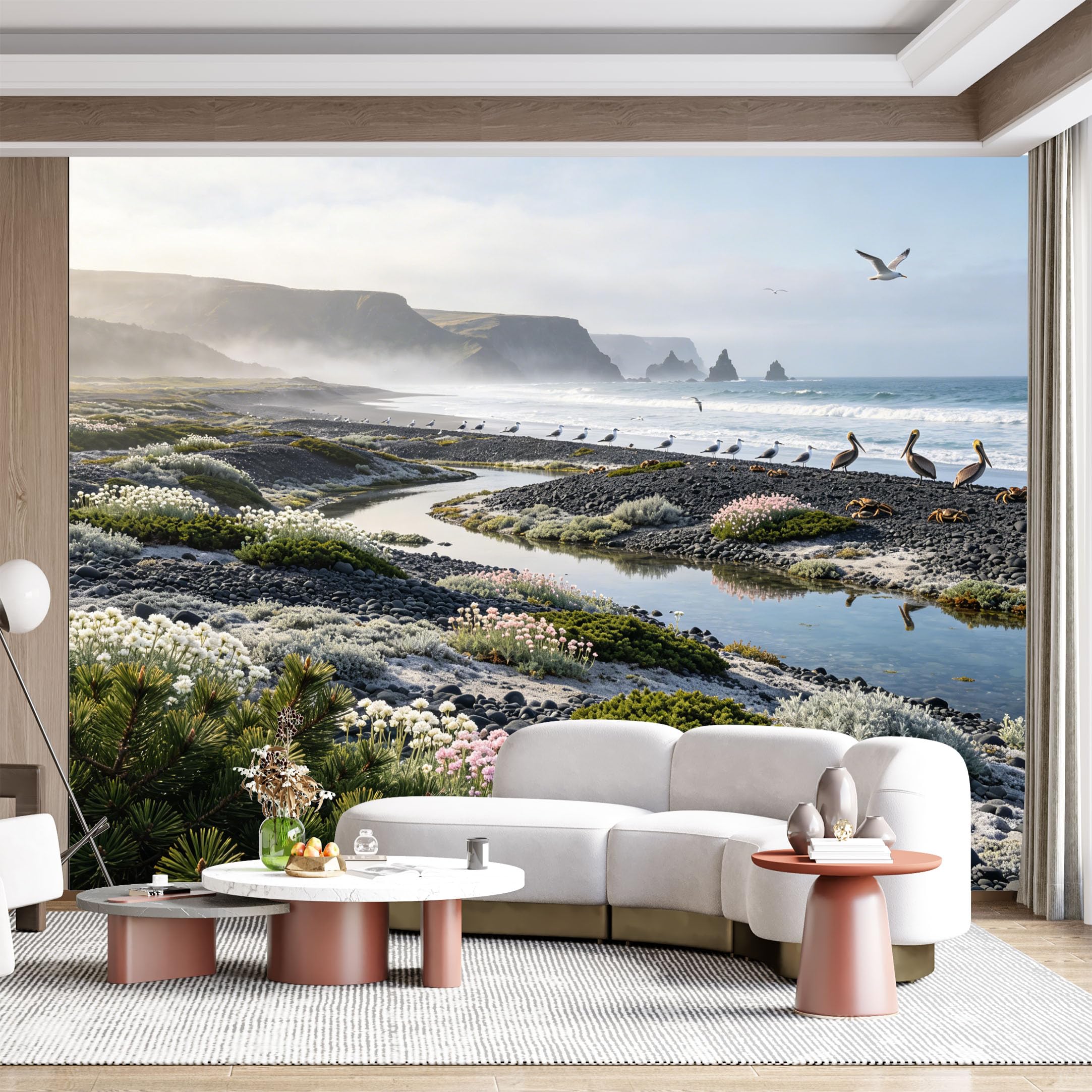 Custom Size Wall Mural Coastal Seascape Beach Landscape Marine Ocean Birds Pelicans Seagulls Landscape SelfAdhesive Wall Fabric Removable for Home Office Decor