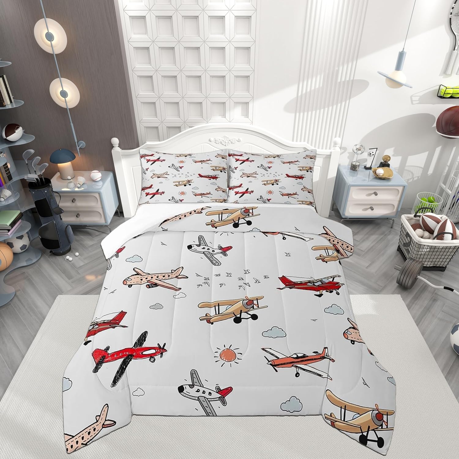 Castle Fairy Cartoon Airplane Kids Comforter Set Twin Size,Colorful Aircraft Print Aviation Style Bedding Set for Kids Boys Men,Sun Cloud Sky Birds Animal Quilted Duvet Set with 1 Pillowcase