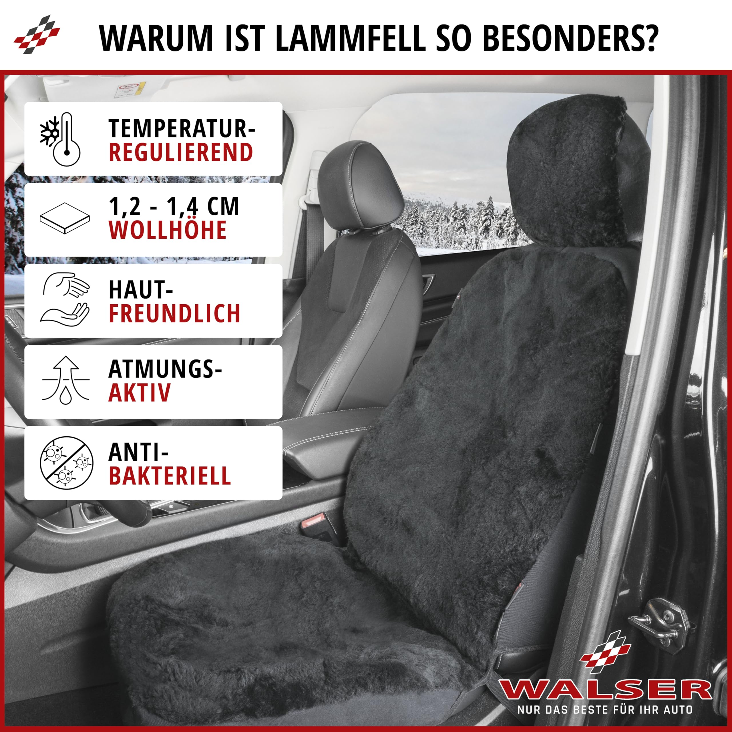 Walser Autositzbezug Lammfell, Lammfellbezug Auto, Lammfellschonbezug, Autoschonbezug echt Lammfell, Sitzbezug Lammfell schwarz