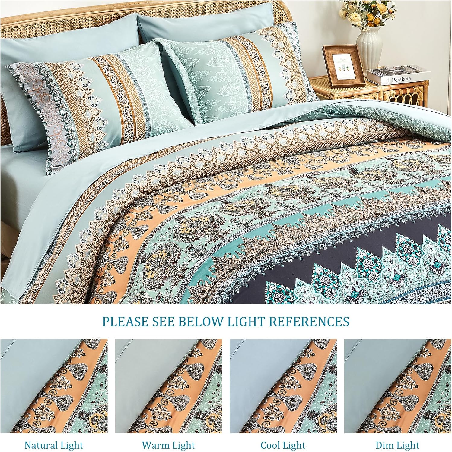 Boho Comforter Set Queen - 7 Pieces Bed in a Bag, Bohemian Striped Comforter Set with Sheets, Soft Microfiber Sage Green Floral Bedding Set for All Season - Image 6
