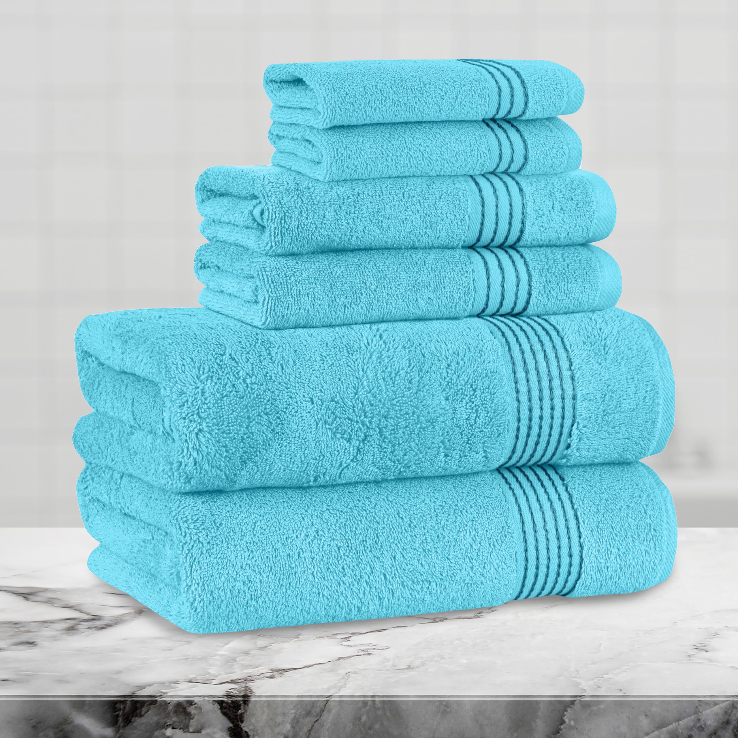 Mocassi Luxury 100% Turkish Cotton 6-Piece Towel Set - Ultra Soft, Quick Dry Highly Absorbent Premium Spa Hotel Quality Bath Towels, Includes 2 Bath Towels, 2 Hand Towels and 2 Washcloths, Aqua