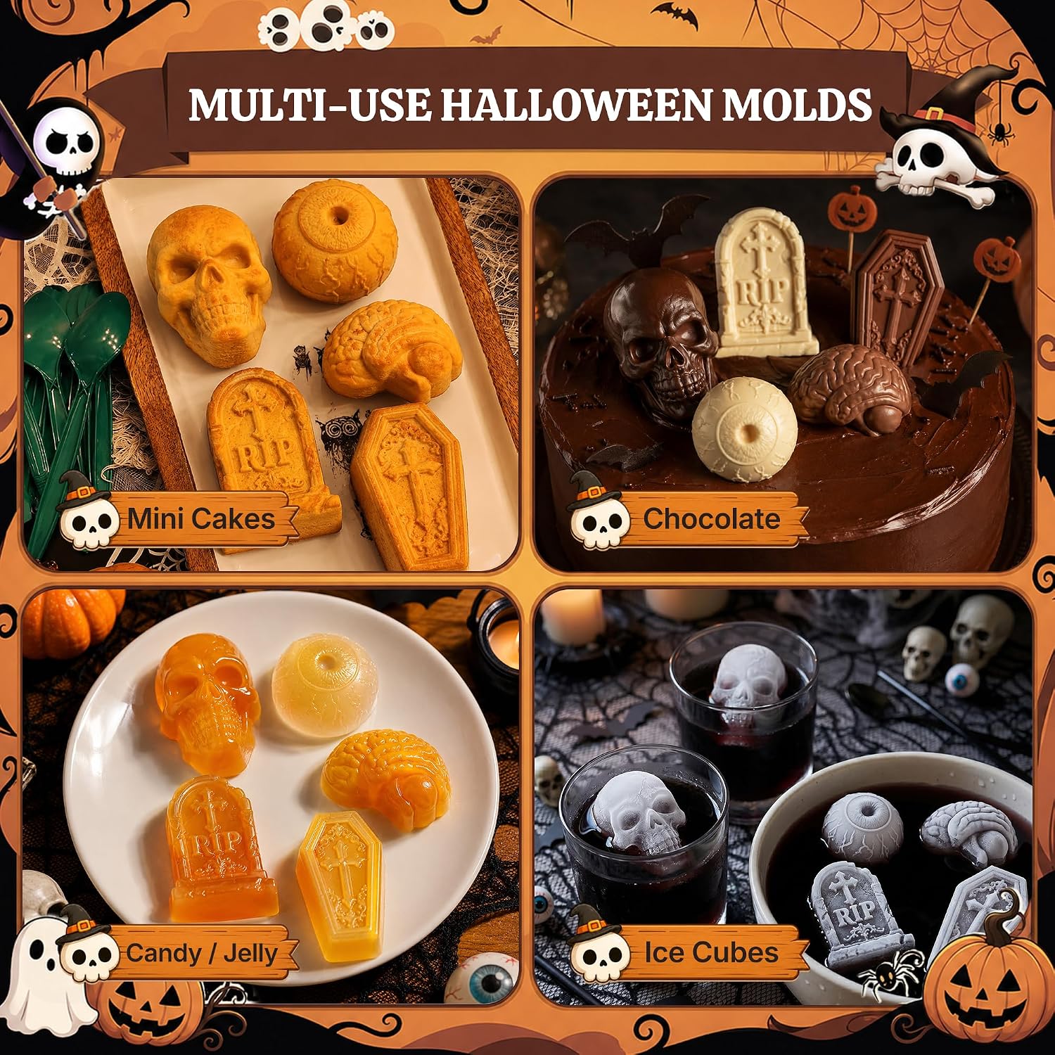Large Skull Silicone Mold - 25 Cavities 3D Skull,Eyeball,Tombstone,Brain, Coffin Mold, Halloween Silicone Molds Bpa Free for Chocolate, Jelly, Wax Melt, Ice Cubes