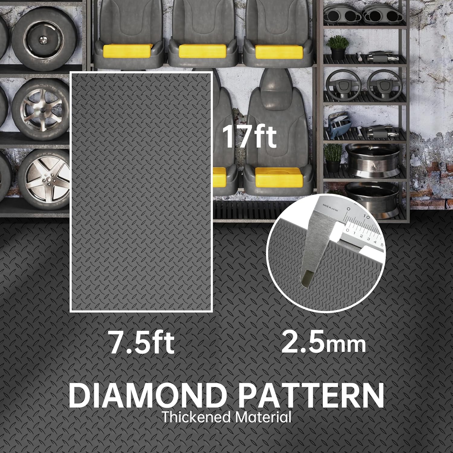 7.5 x 17 FT Garage Floor Mat, 2.5 mm Thickness Diamond PVC Garage Flooring Roll, Floor Protector Mat for Garage Warehouse Gyms, Black