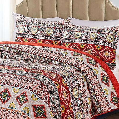 Miniatura 2 de Dephora Quilts - Juego de cama de microfibra para todas las estaciones, 3 piezas, ligero, bordado, negro y rojo